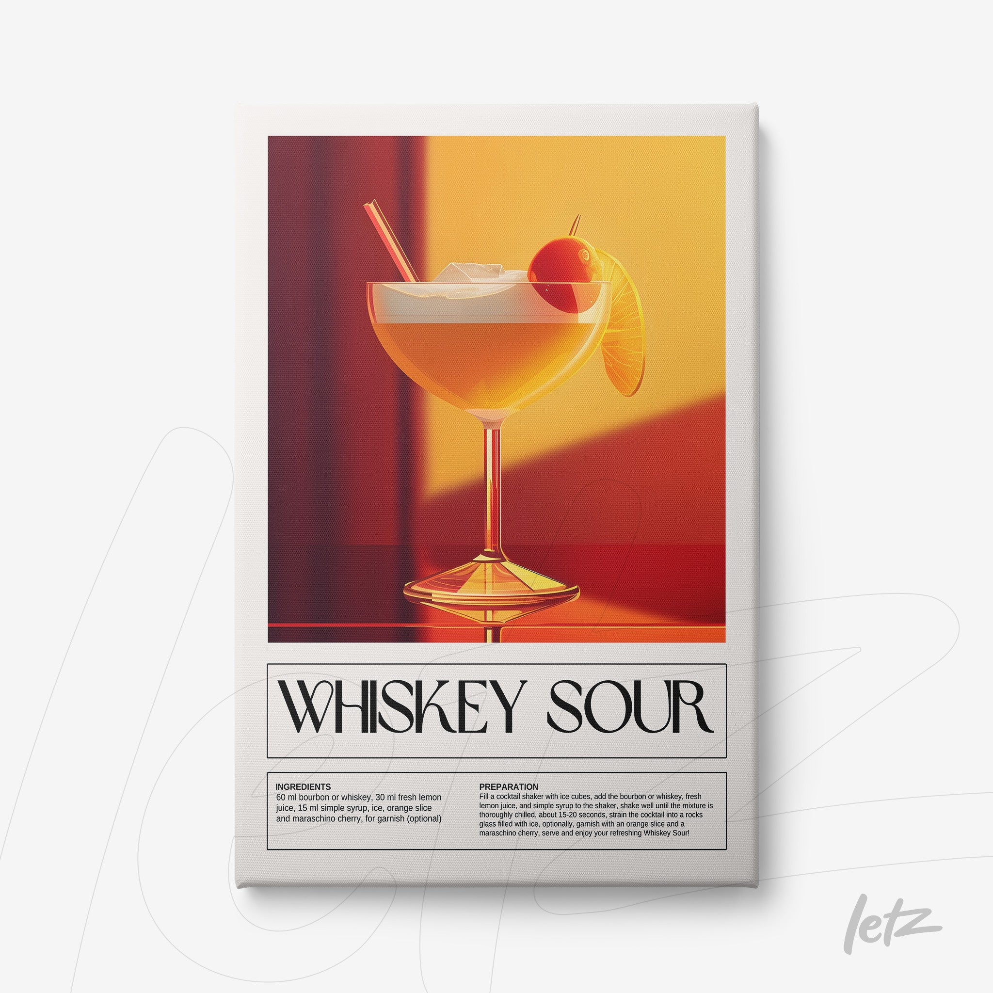 framed art print of whiskey sour cocktail with vibrant yellow and orange background
