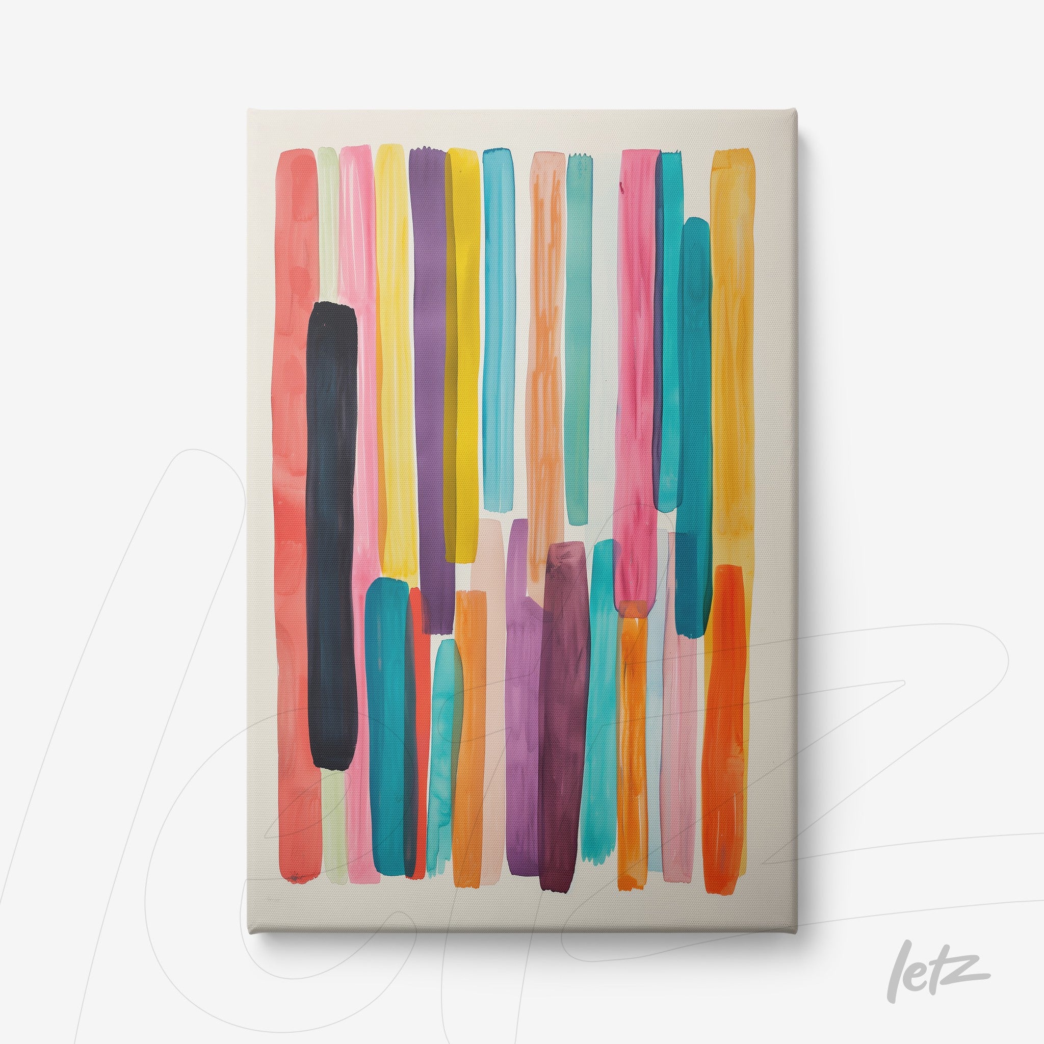 canvas artwork featuring an abstract pattern of colorful brush strokes on a light background