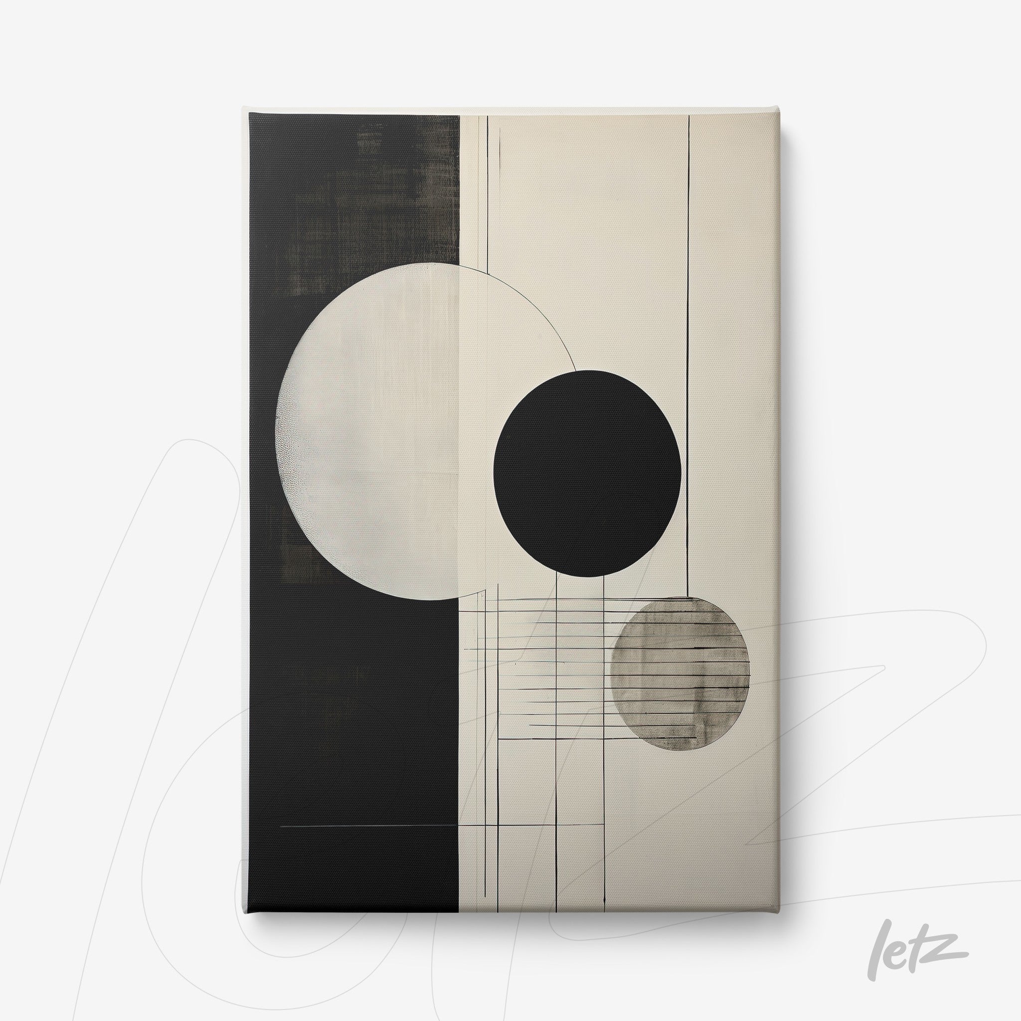 canvas print featuring abstract composition in black and white with circles of various sizes and textures on a light background