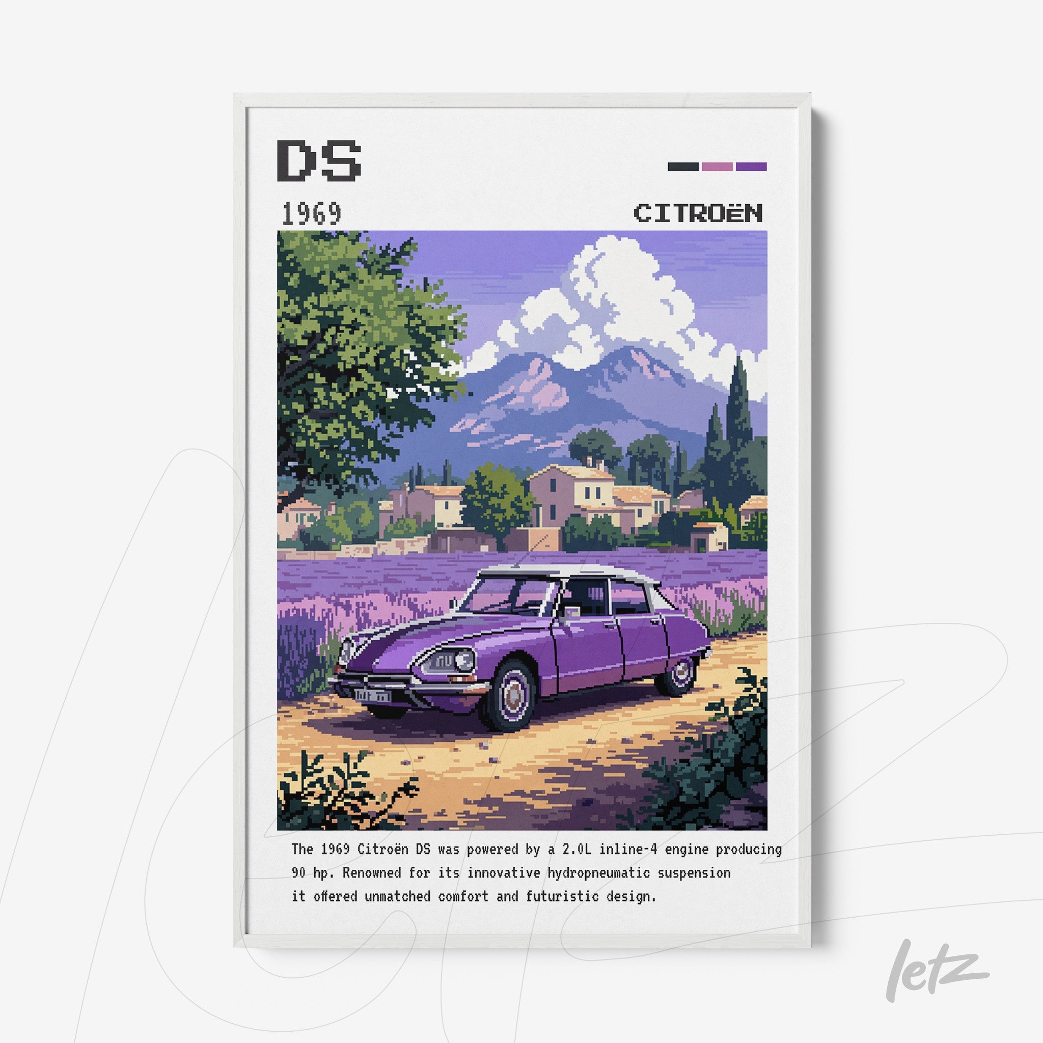 retro digital artwork featuring a 1969 Citroën DS car in a landscape with mountains and lavender fields