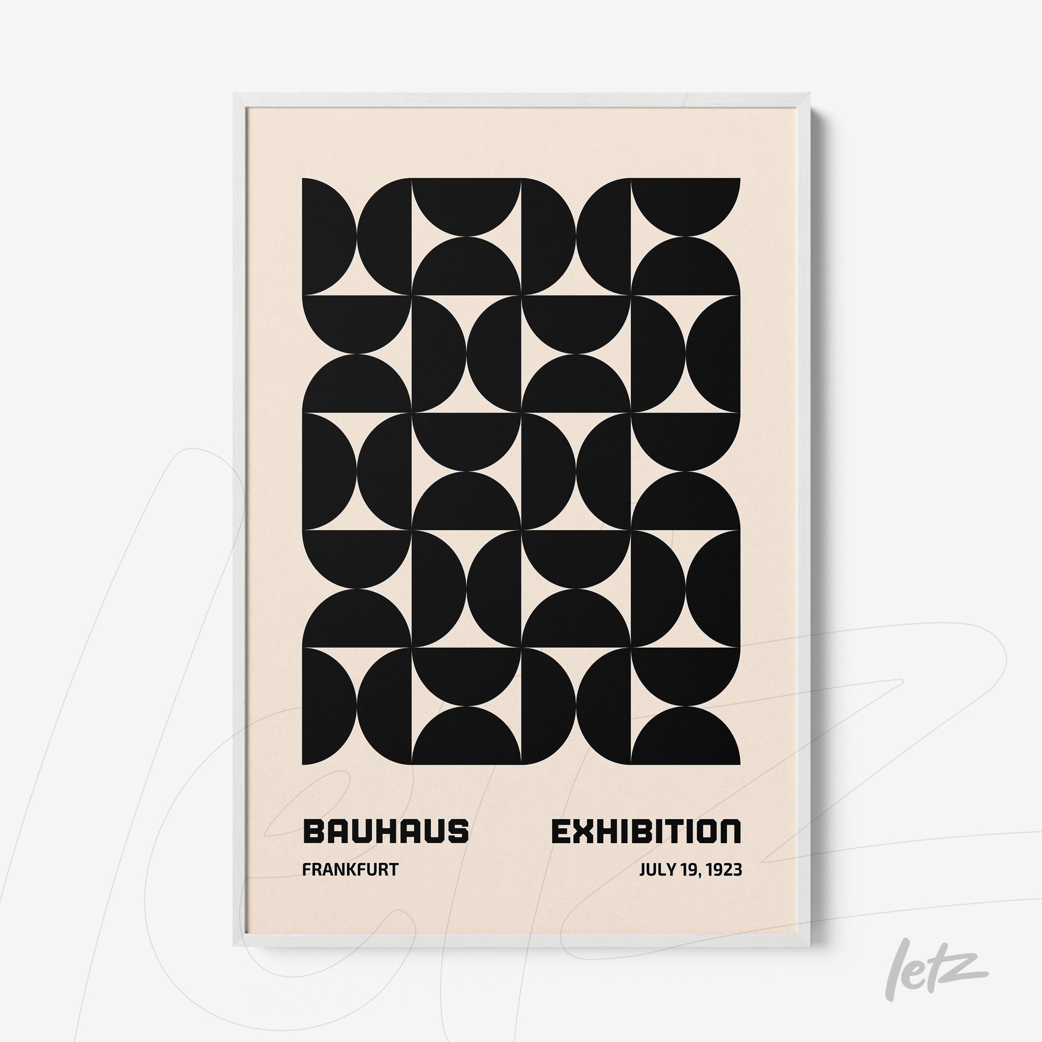 poster featuring black geometric design on light beige background framed in white