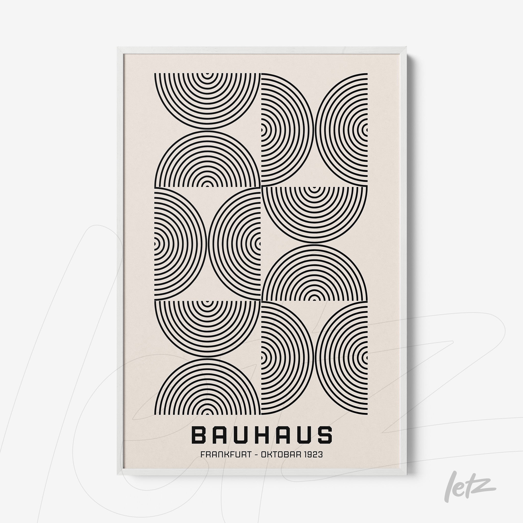 black and white Bauhaus style poster print with geometric circular patterns and white frame