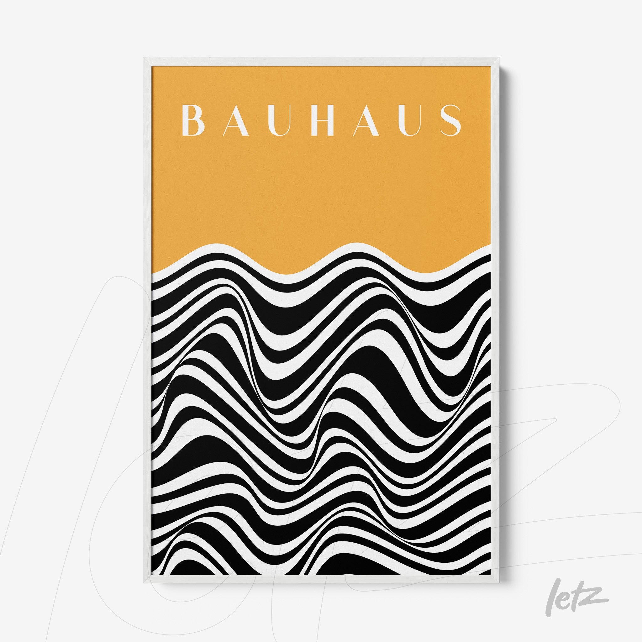 poster art with black and white monochrome wave design on mustard yellow background with the word bauhaus on top, thin white frame
