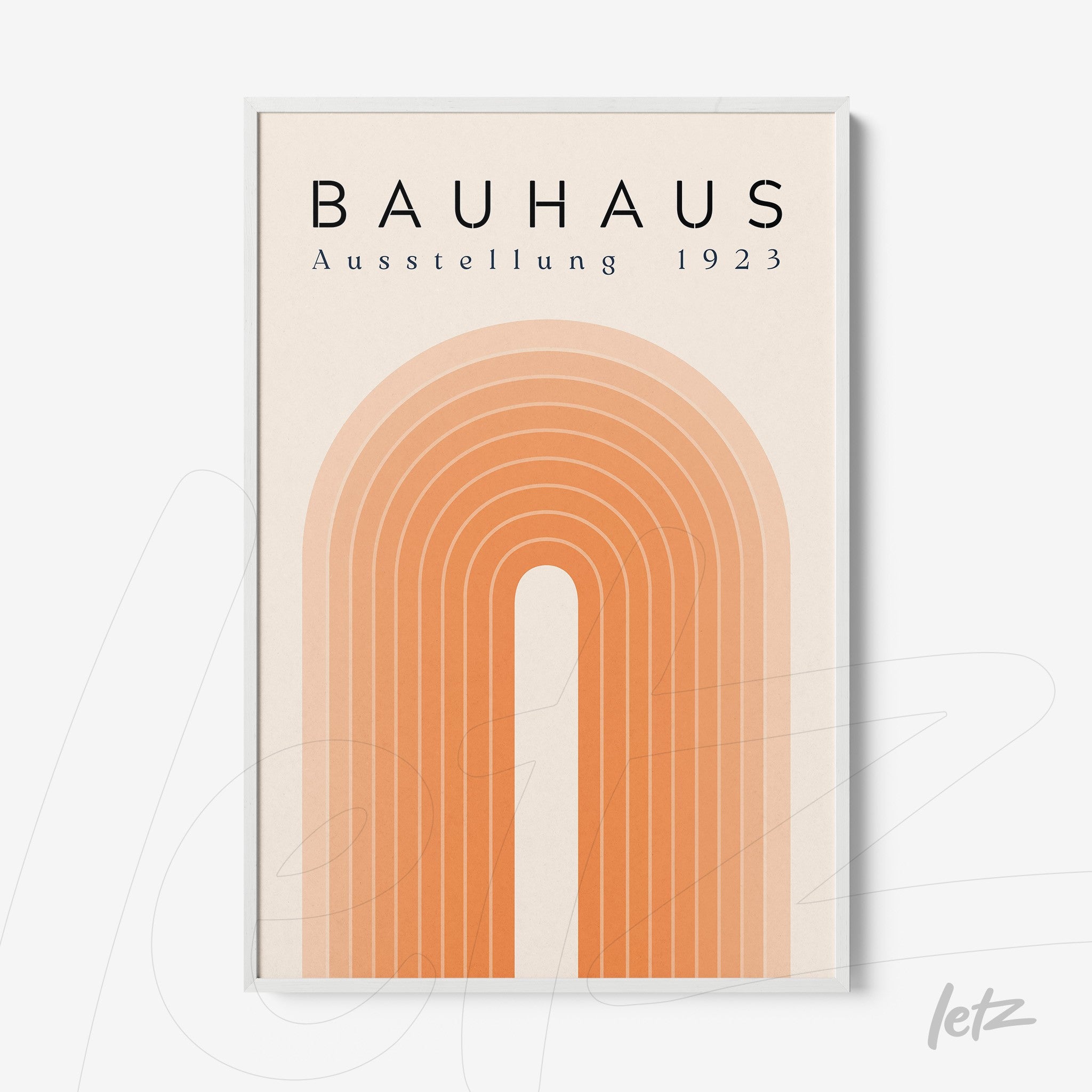 poster featuring geometric arch design in orange hues with text bauhaus ausstellung 1923 in white frame