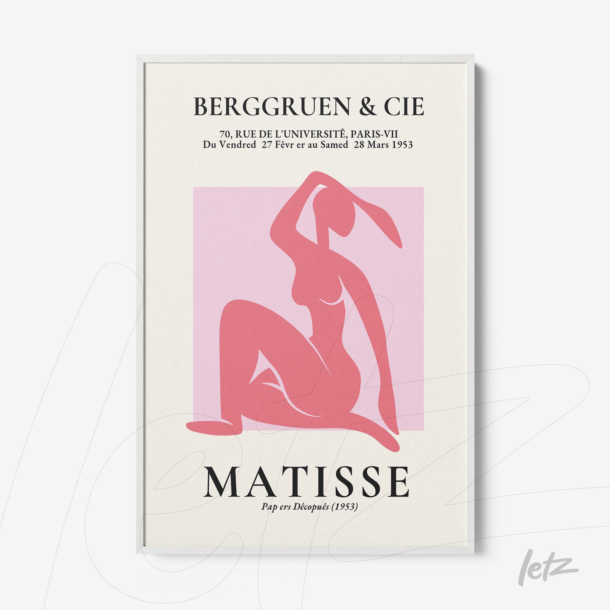 framed wall art featuring a modern style female figure in shades of pink with a white frame