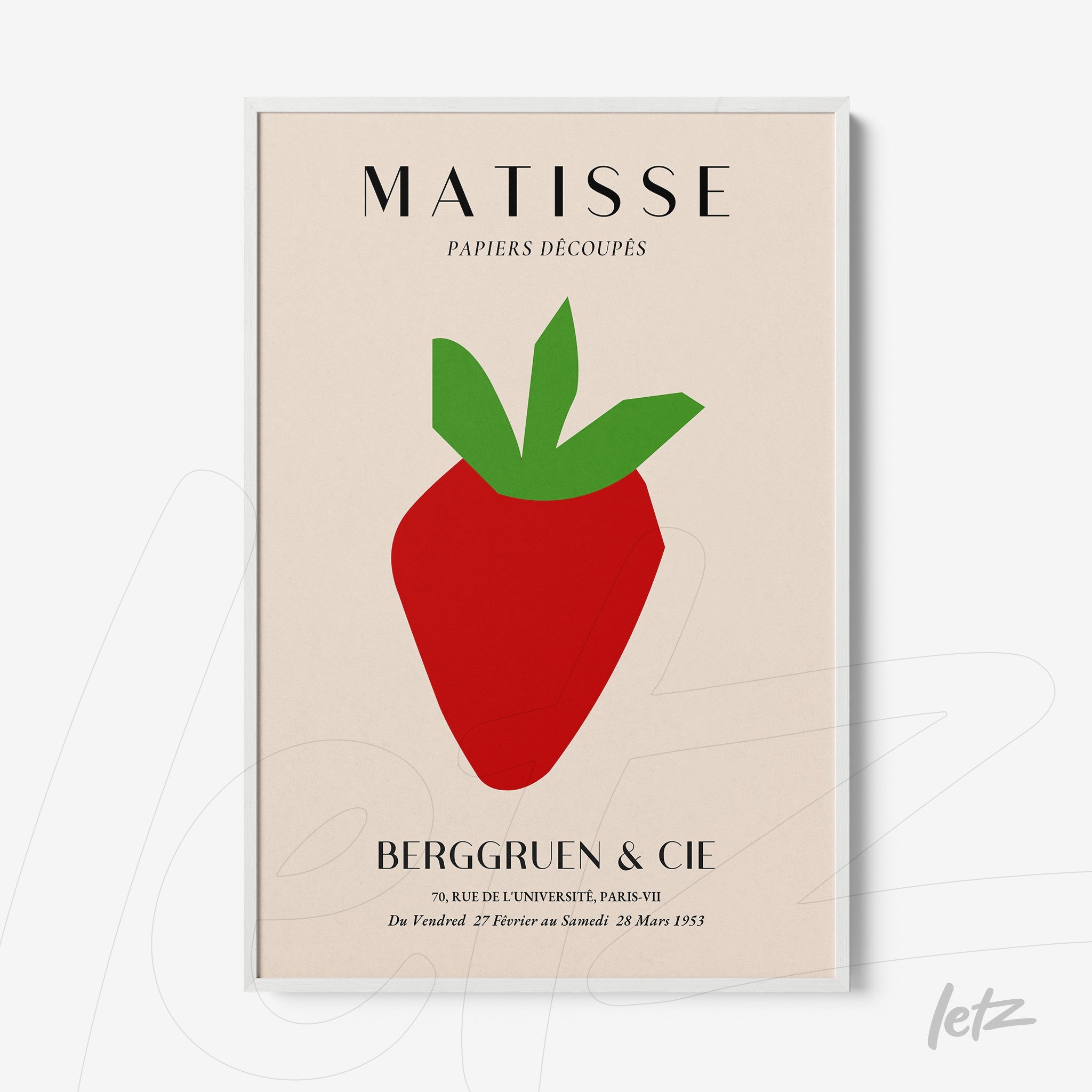 modern art print of a stylized strawberry on a light background with a white frame