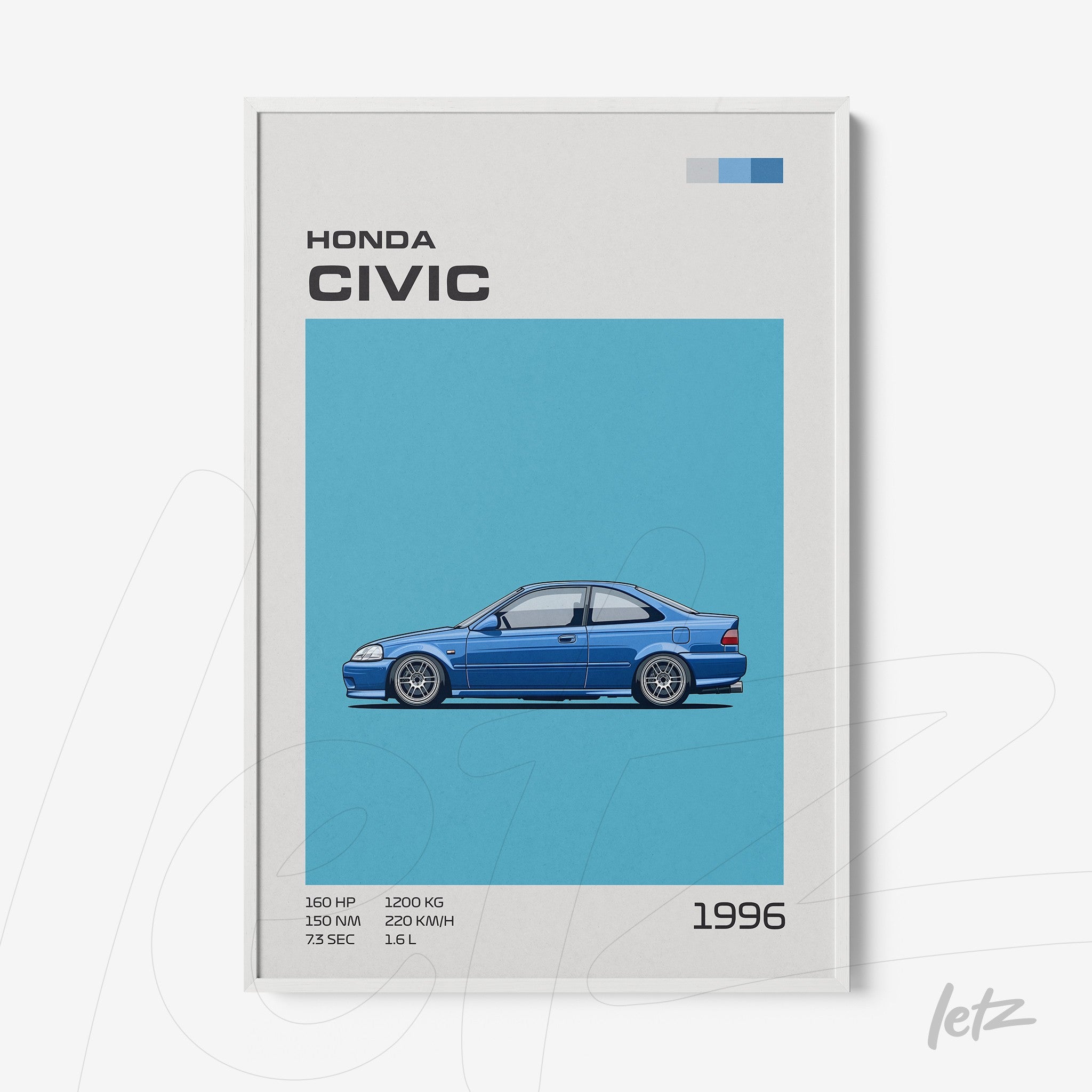 framed artwork featuring a stylized illustration of a 1996 Honda Civic in blue against a light blue background, with graphic details and car specifications