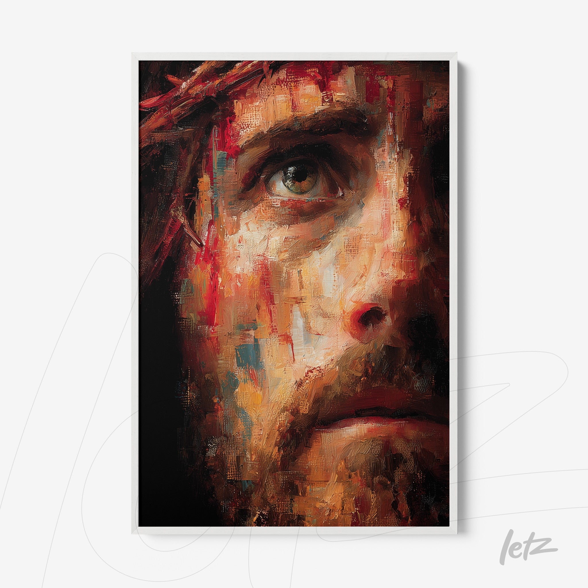 artistic portrait close-up of a religious figure's face with vibrant brush strokes and dark background in white frame