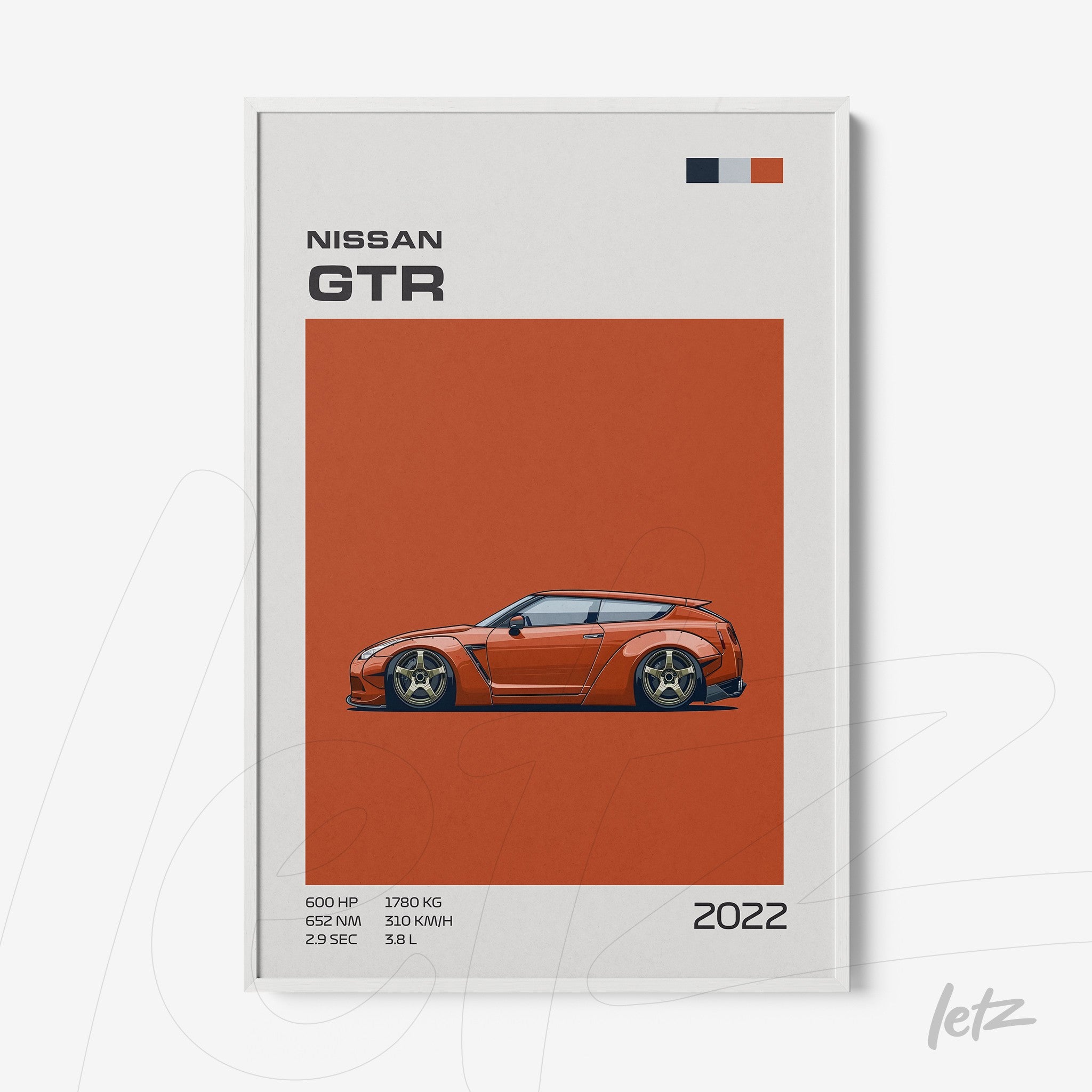 minimalist framed wall art featuring digital illustration of Nissan GTR on orange background