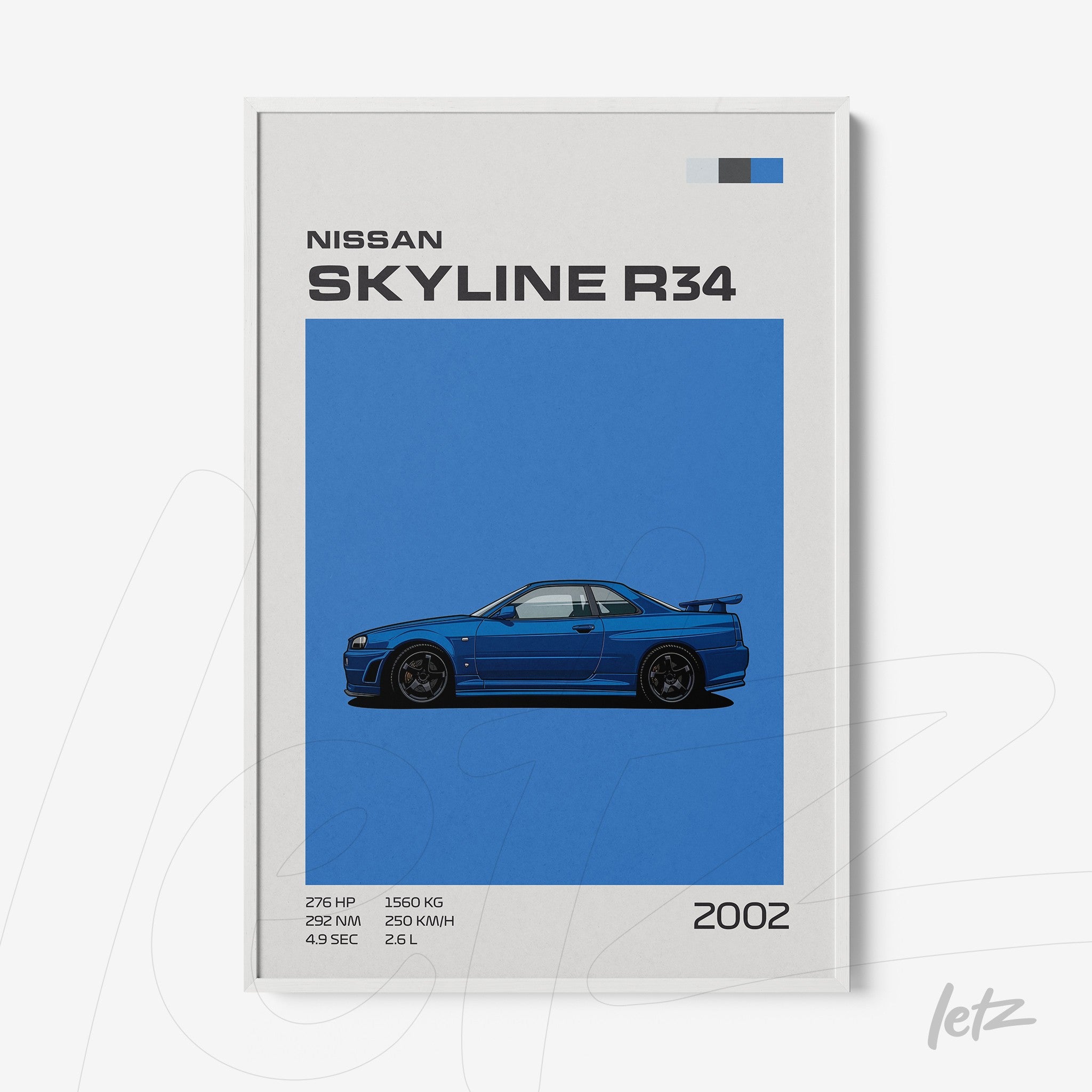 minimalist framed art featuring an illustration of the Nissan Skyline R34 on a vibrant blue background with a white frame