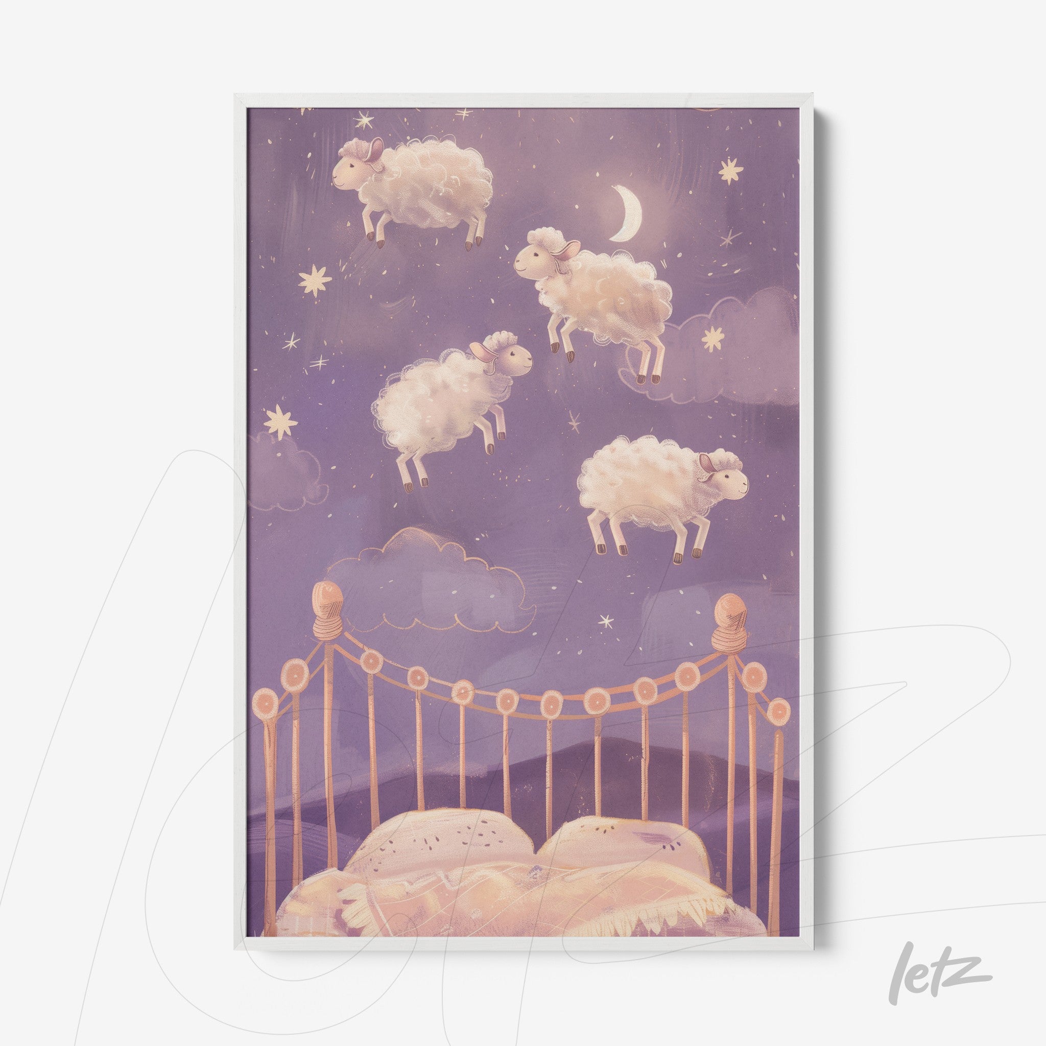 framed artwork depicting floating sheep in a starry sky above a pastel-colored bed with a comforter