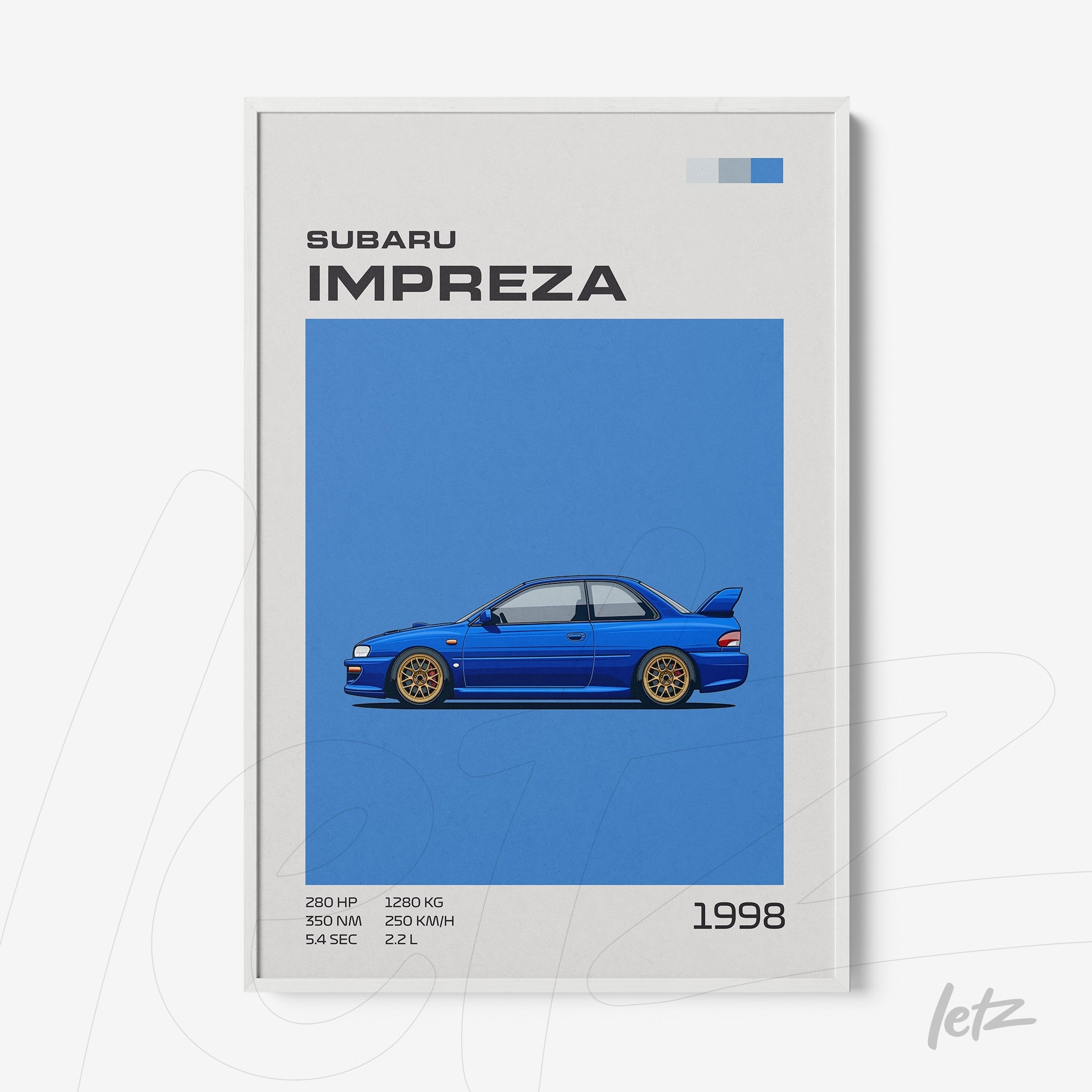 framed wall art featuring a digital illustration of a blue Subaru Impreza on a vibrant blue background with technical details such as horsepower and weight at the top