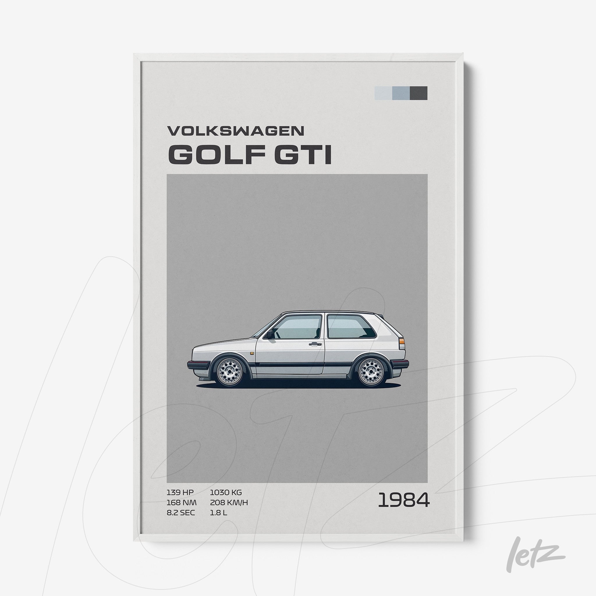 framed wall art featuring a minimalist illustration of the 1984 Volkswagen Golf GTI with a white frame