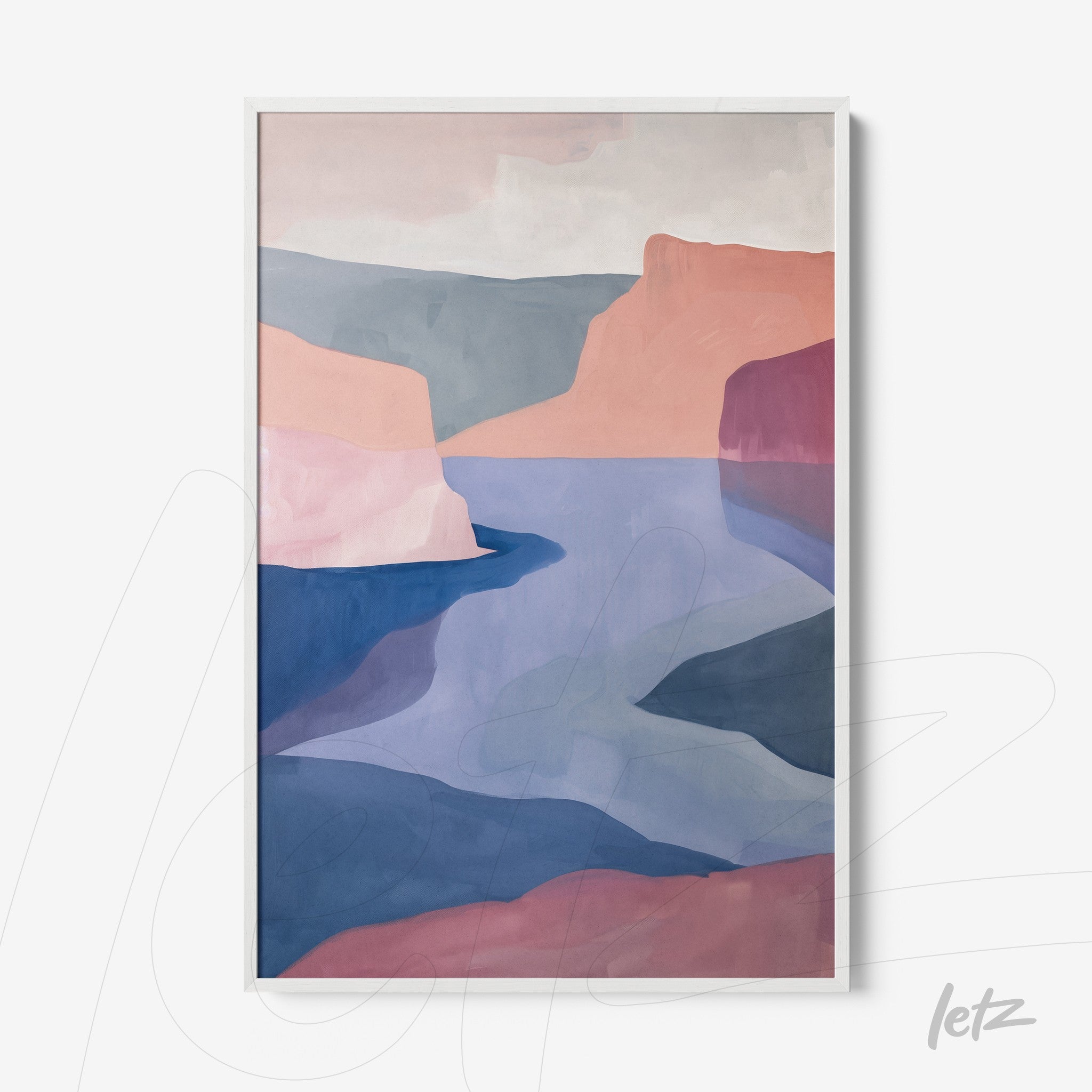 framed abstract artwork featuring soft shades of pink, blue and purple with a white frame