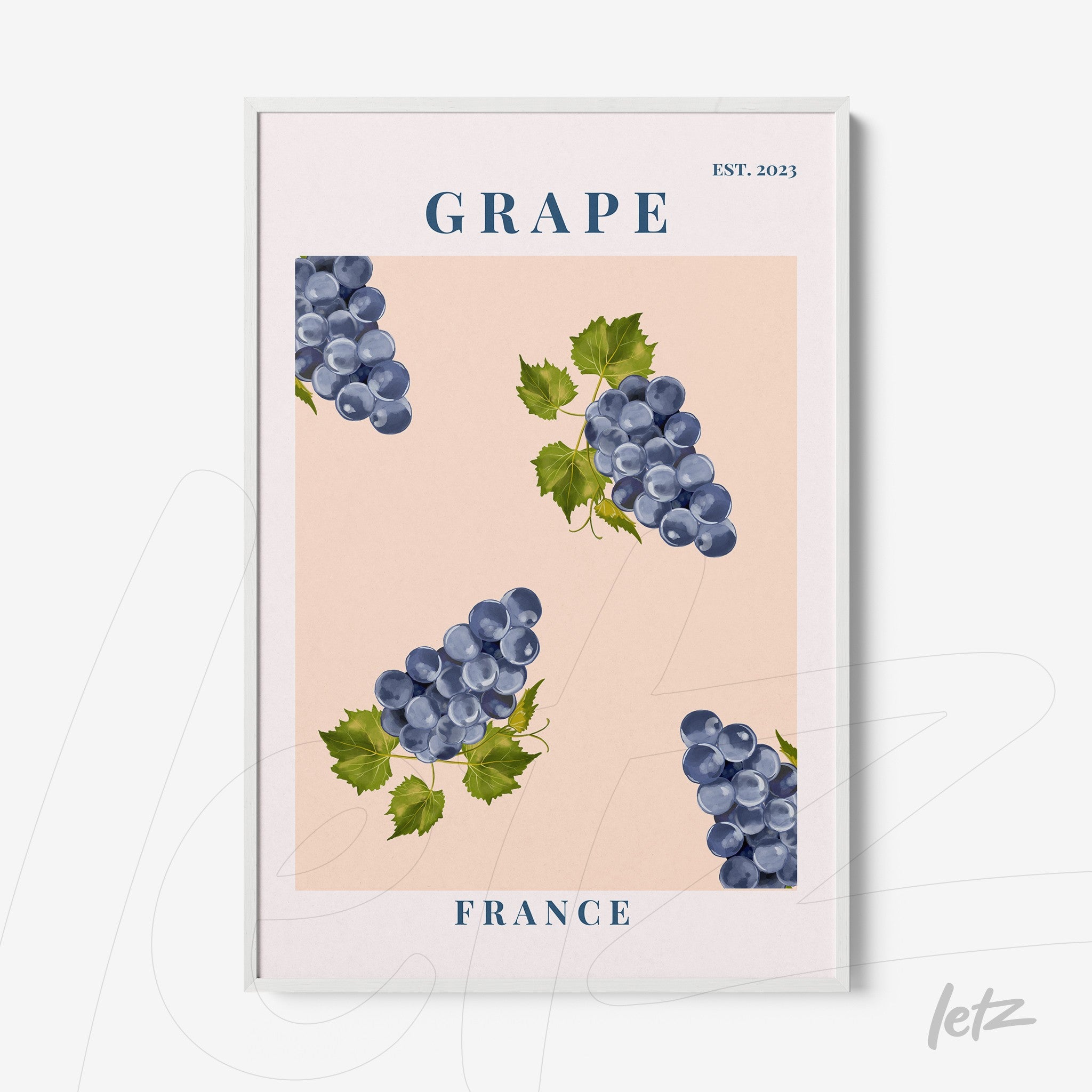 framed wall art featuring an illustration of grapes on a light pink background with white frame