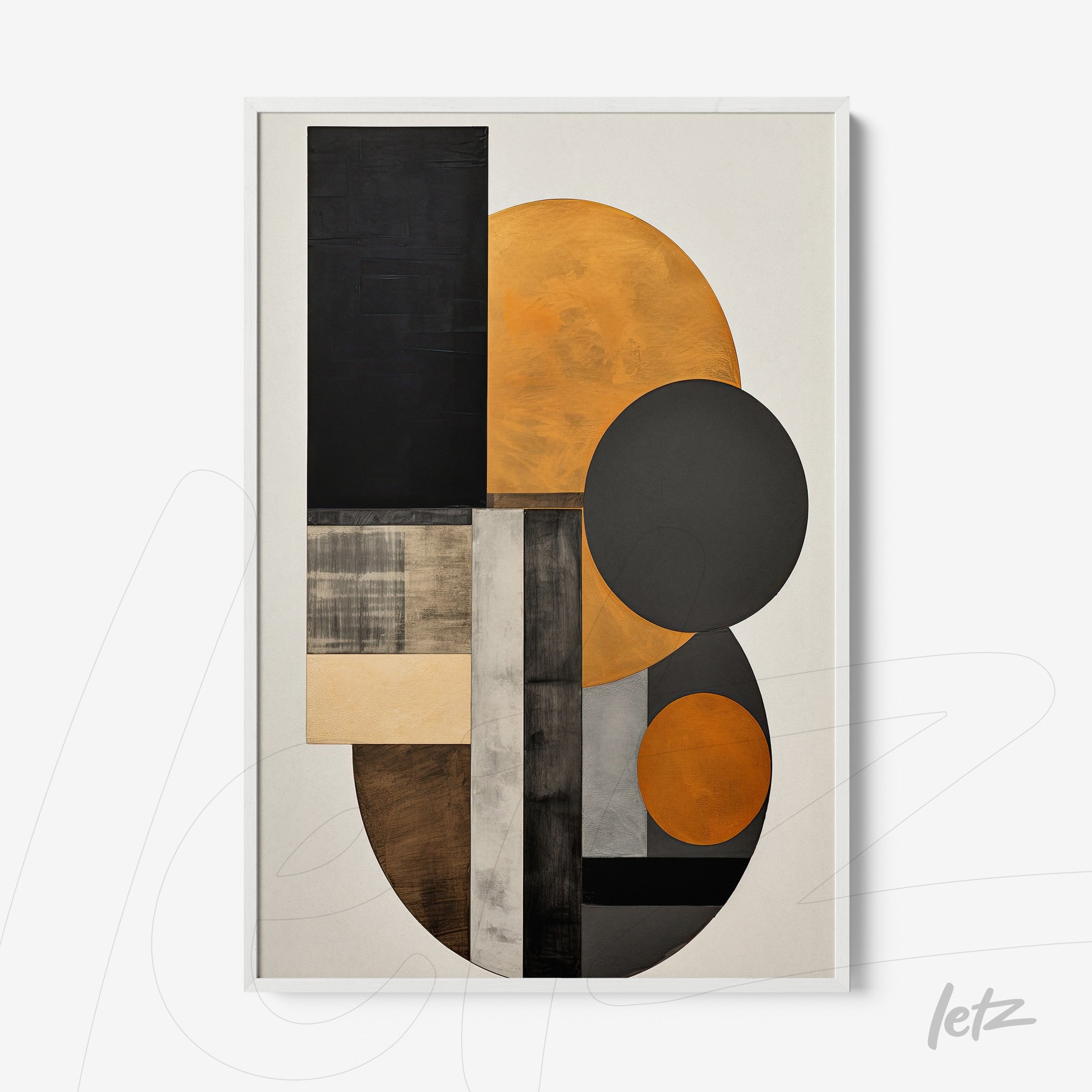 framed wall art showcasing abstract design in black and orange hues featuring geometric shapes on a light background