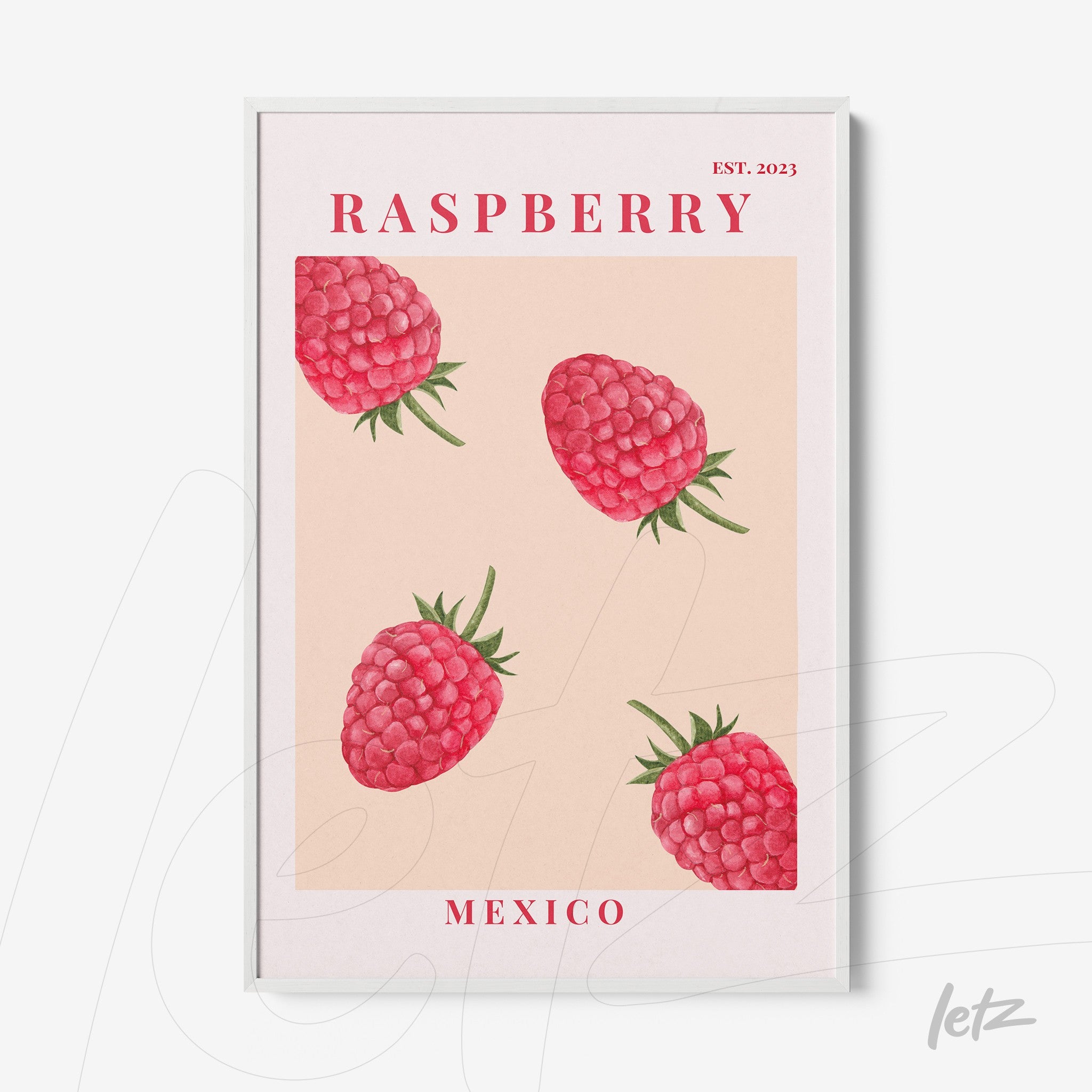 framed art print featuring raspberries on a light pink background with red text