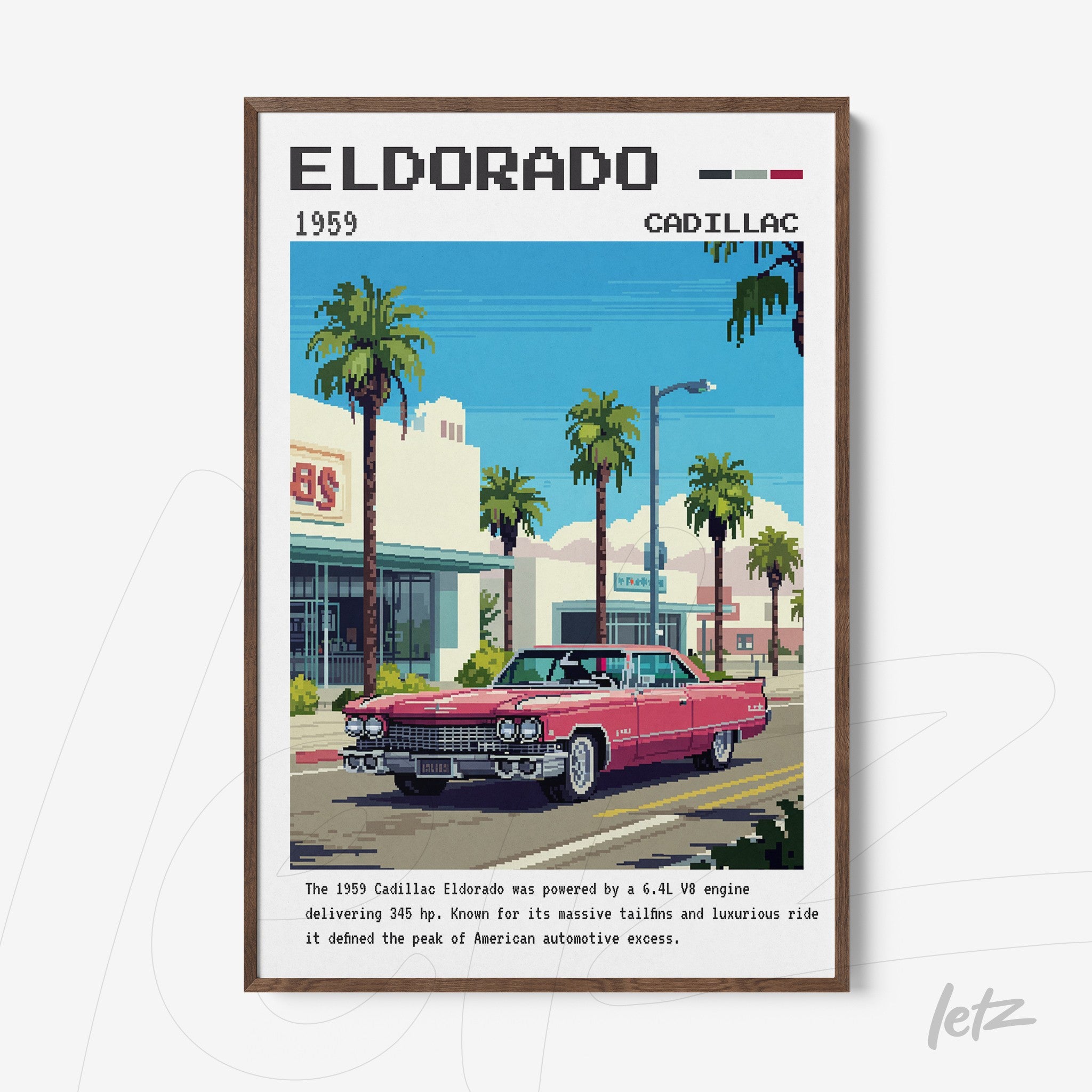 retro style wall art featuring a 1959 Cadillac Eldorado in an urban setting with palm trees