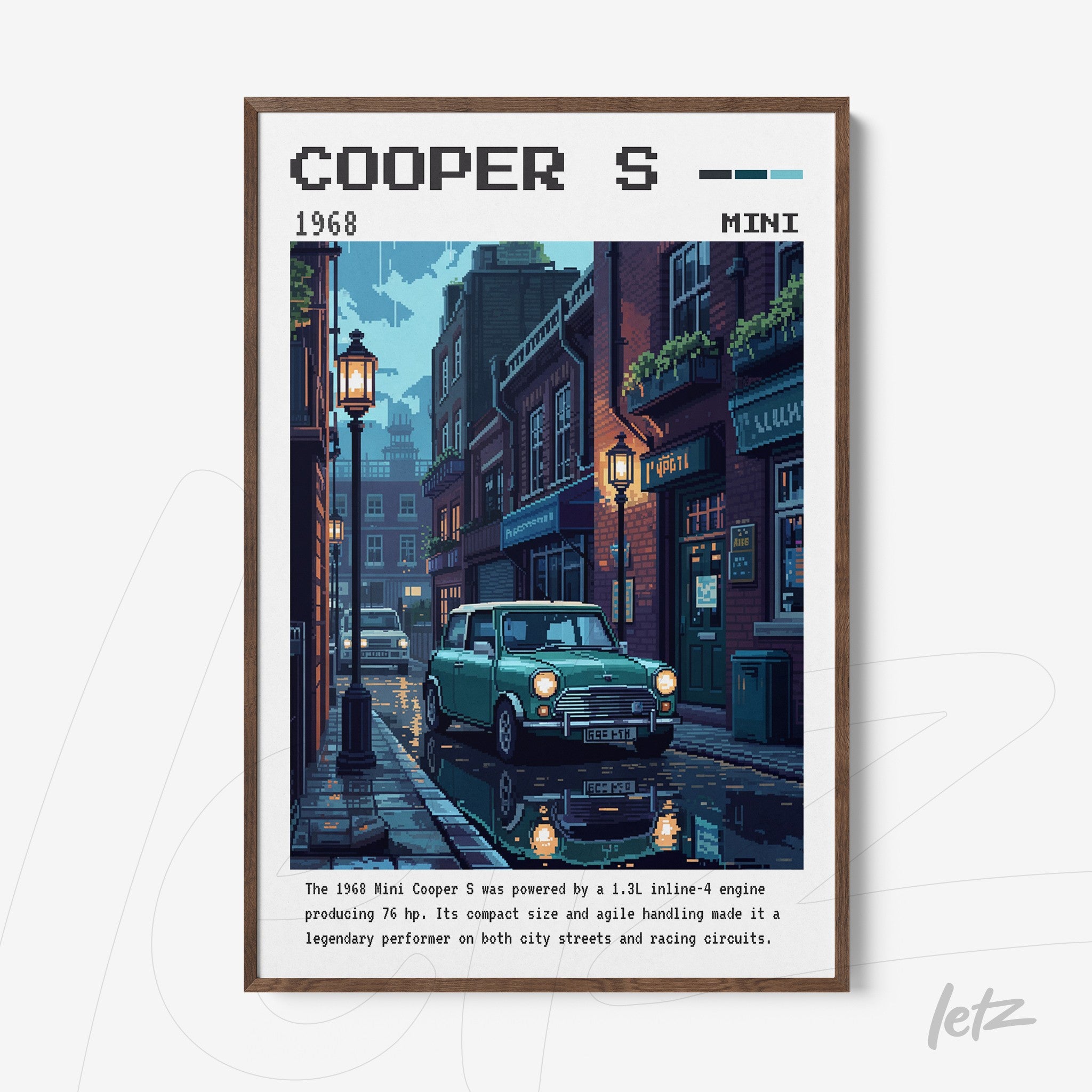 framed wall art featuring a detailed illustration of a mini cooper s parked on a rainy urban street