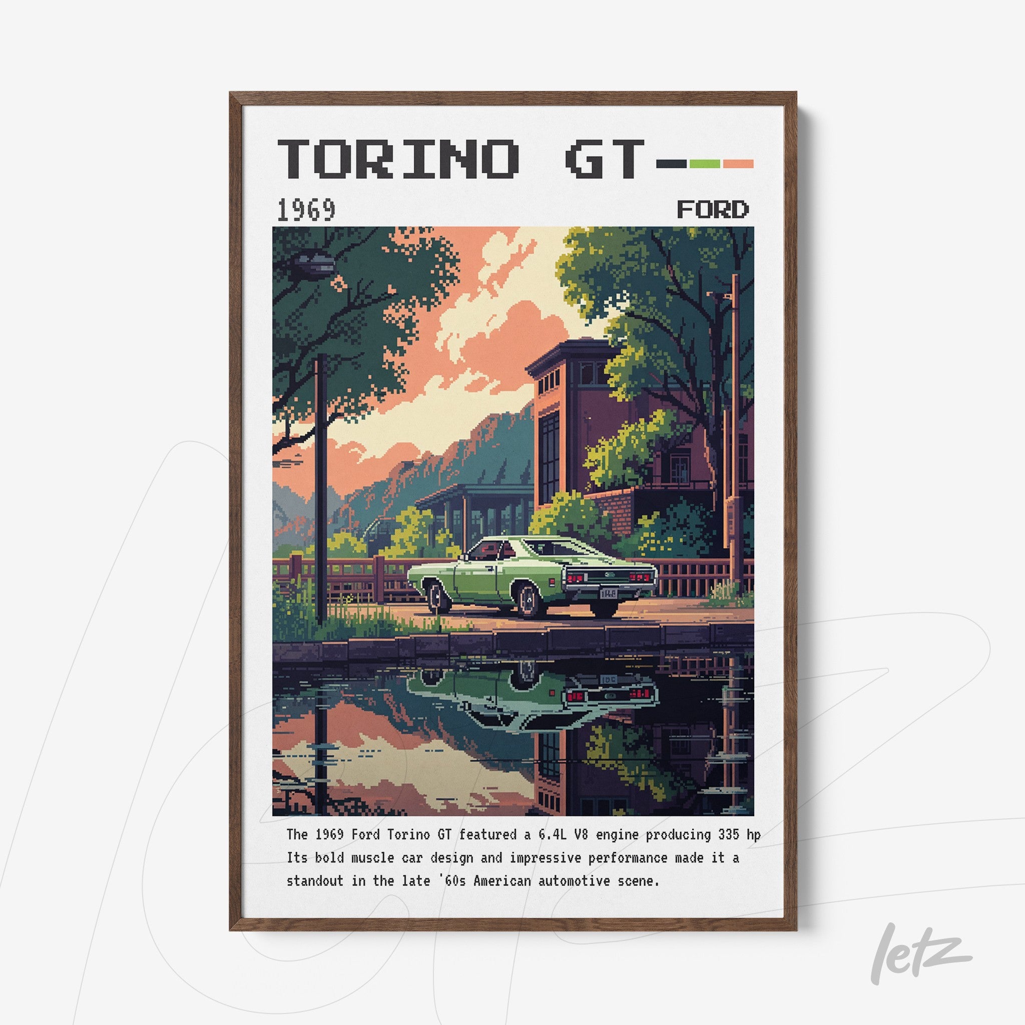 retro style framed art of a 1969 Ford Torino GT car with a brown frame