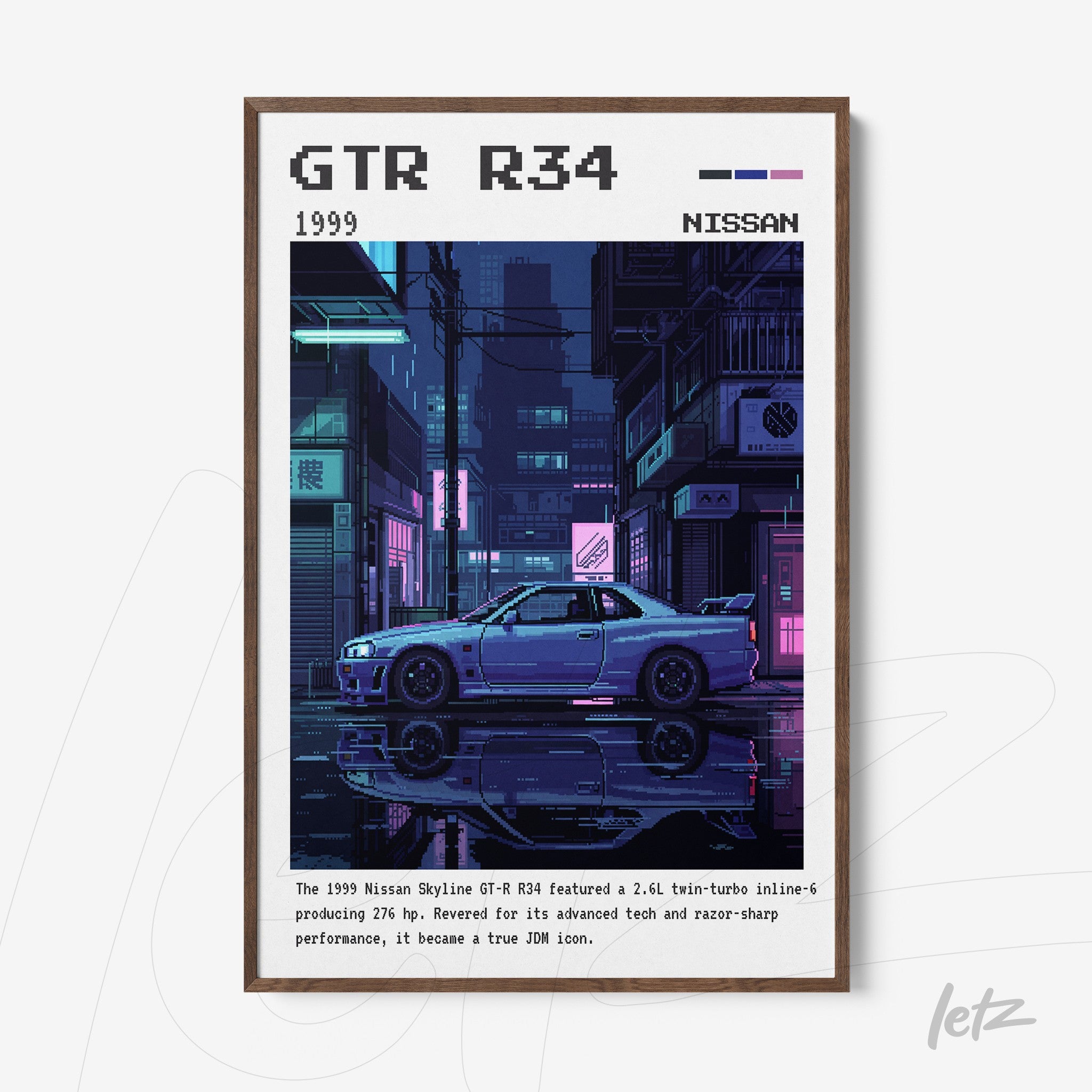 framed digital art of Nissan GTR R34 in a nighttime urban scene with dark wood frame