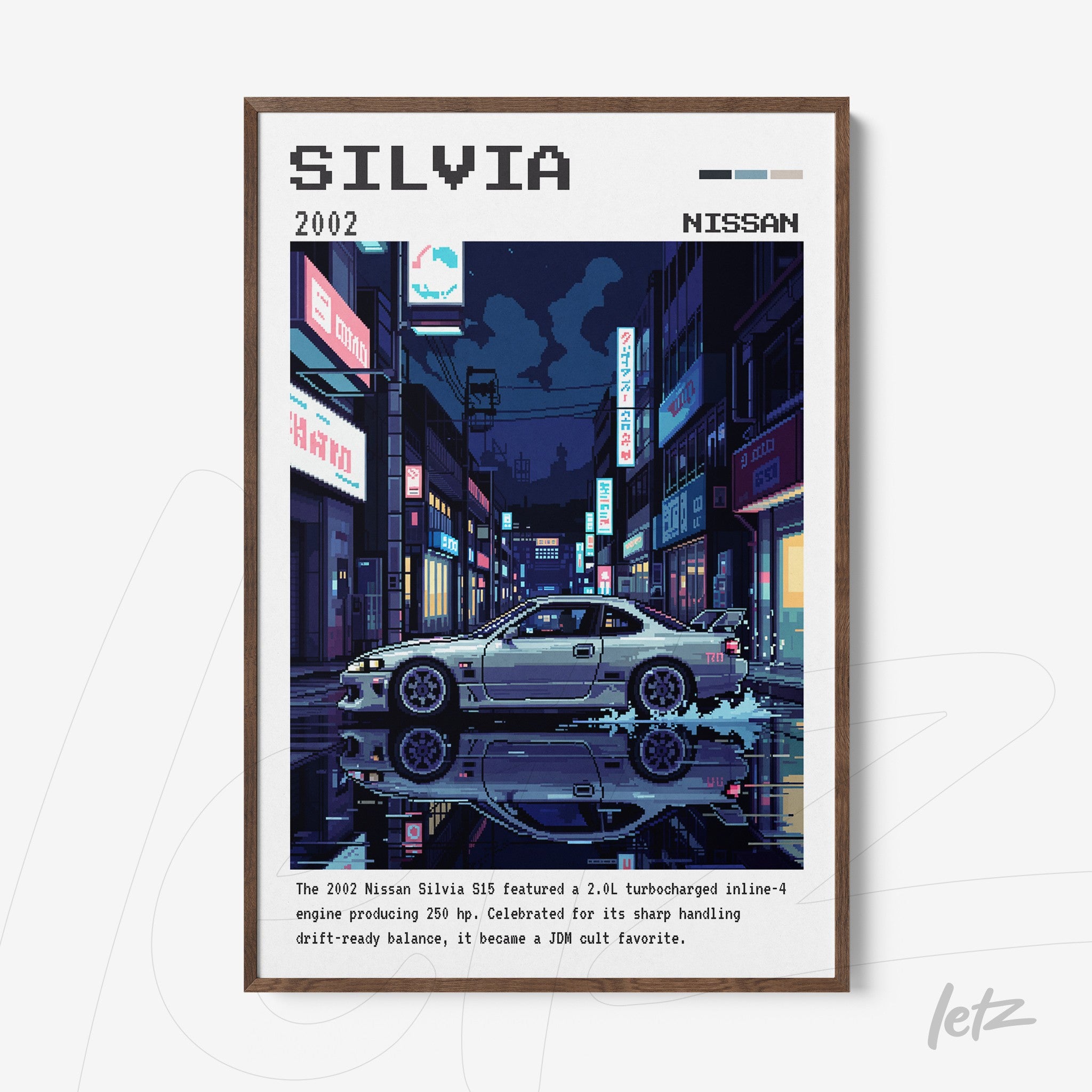 framed digital art of a Nissan Silvia car in a nighttime urban setting with dark wood frame