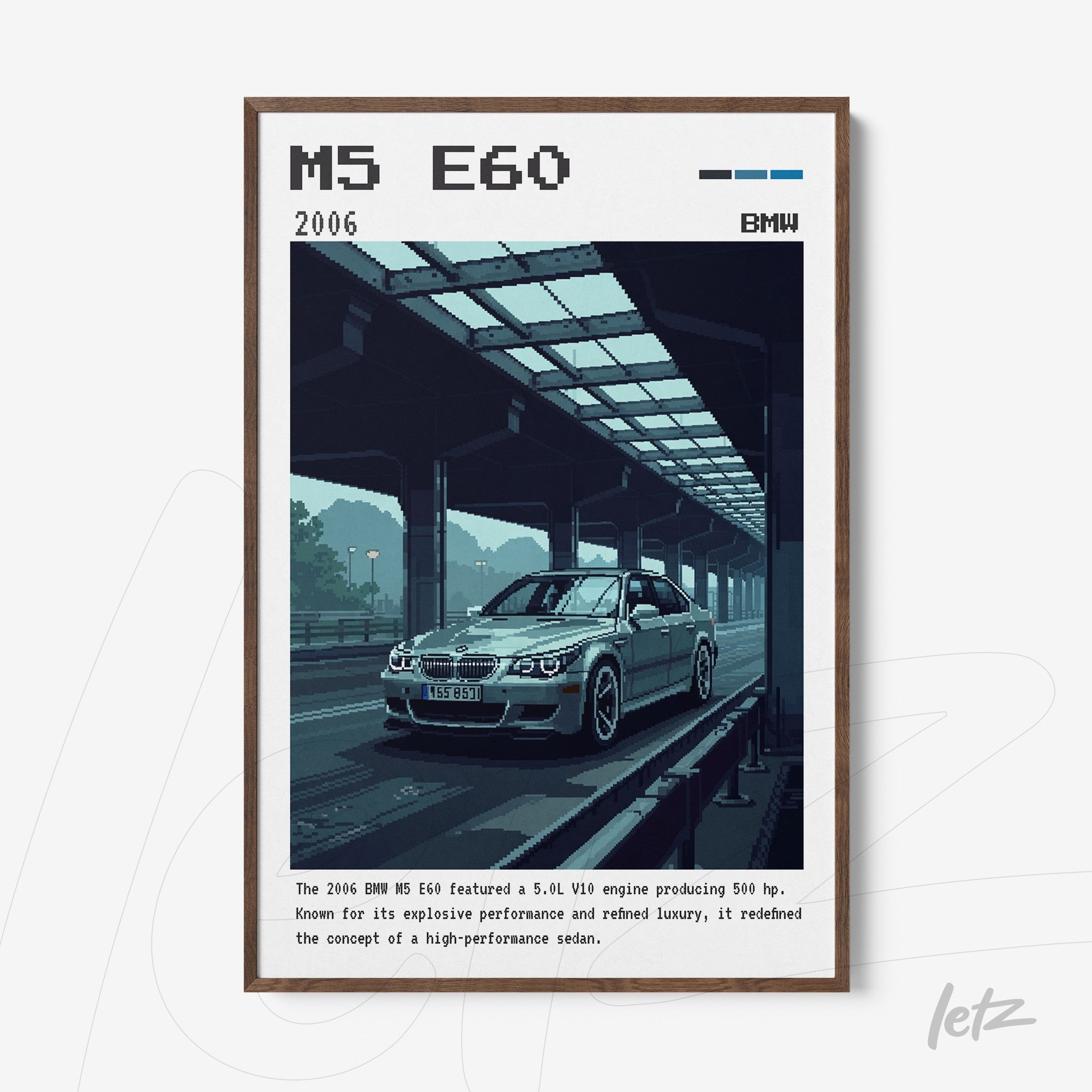 framed wall art of a BMW M5 E60 car under a bridge, dark wooden frame