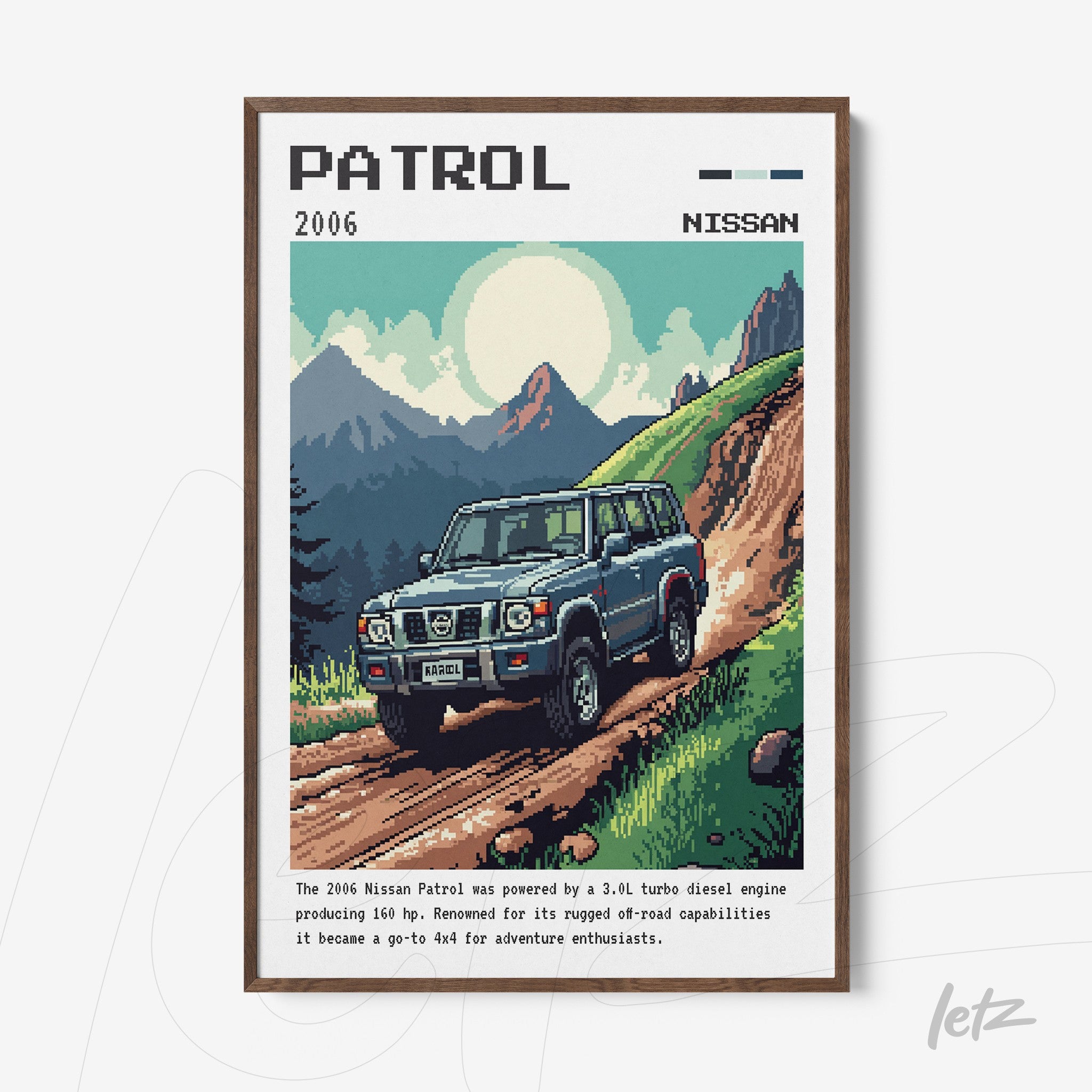 framed pixel art illustration of a 2006 Nissan Patrol on a rugged road with mountains in the background