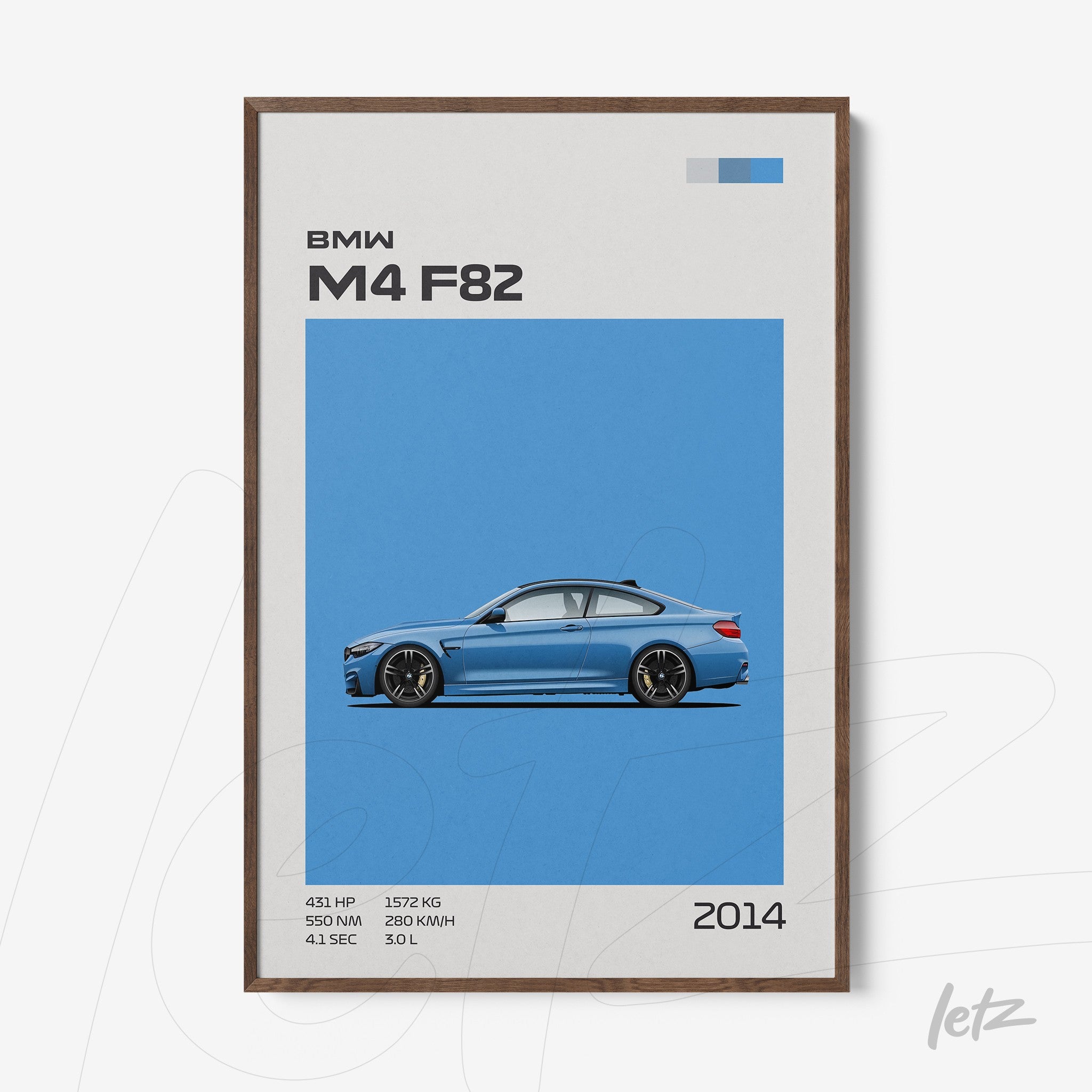 modern wall art featuring the BMW M4 F82 car in a dark wood frame against a blue background