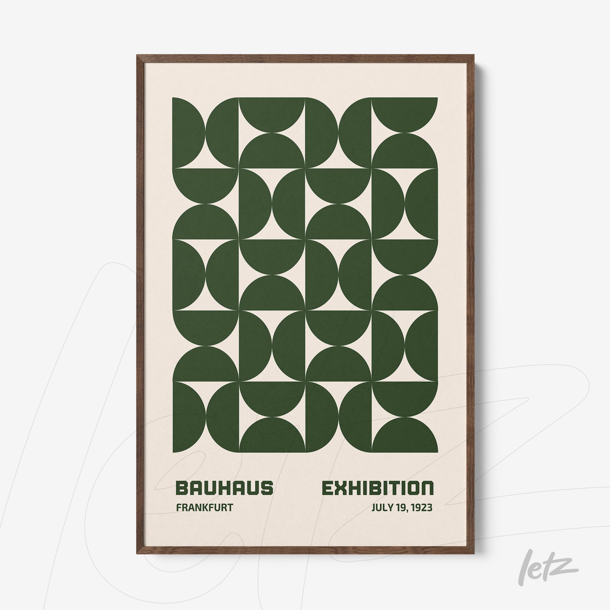 geometric Bauhaus style art print in green with wooden frame