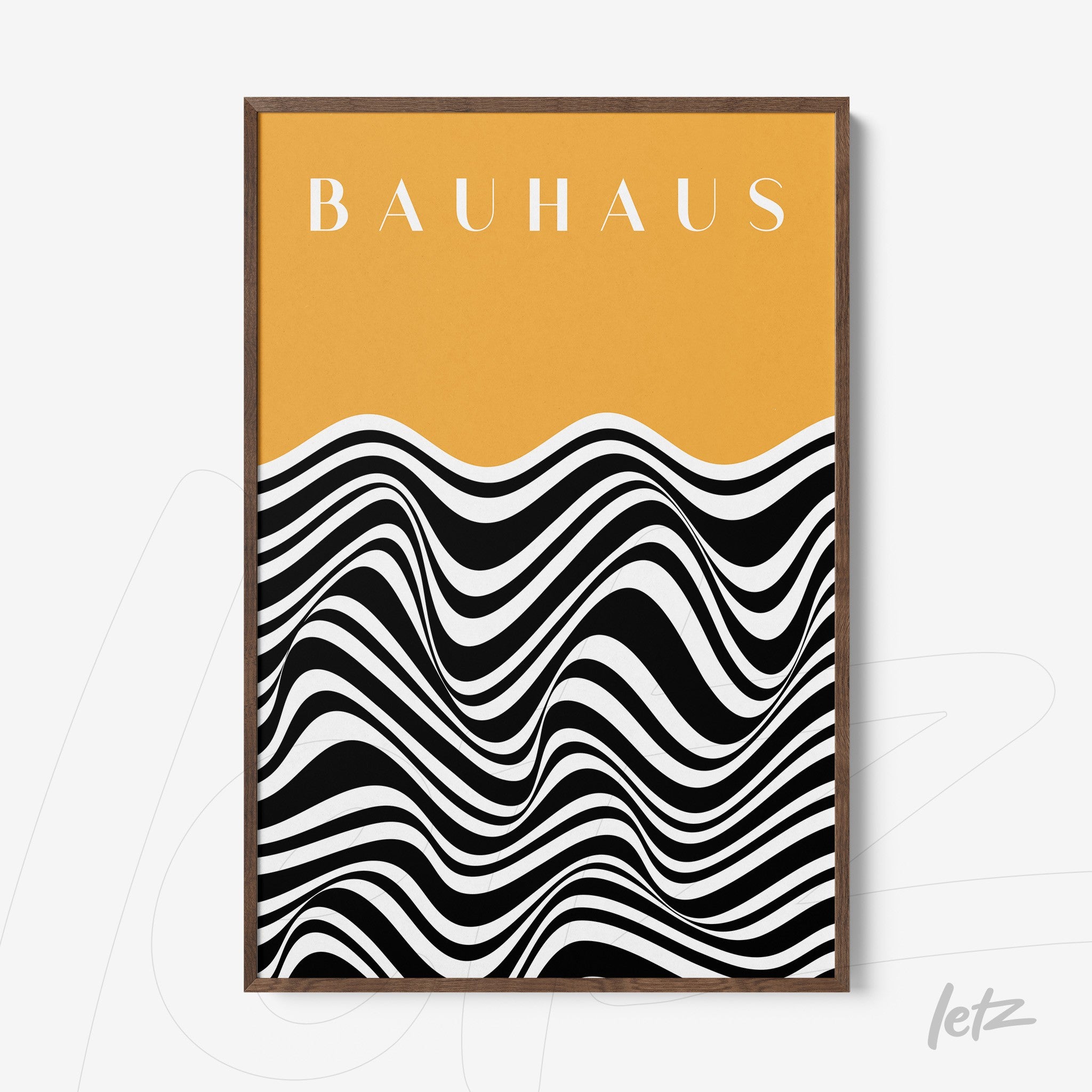 framed op art poster with black and white waves on a yellow background in a wooden frame