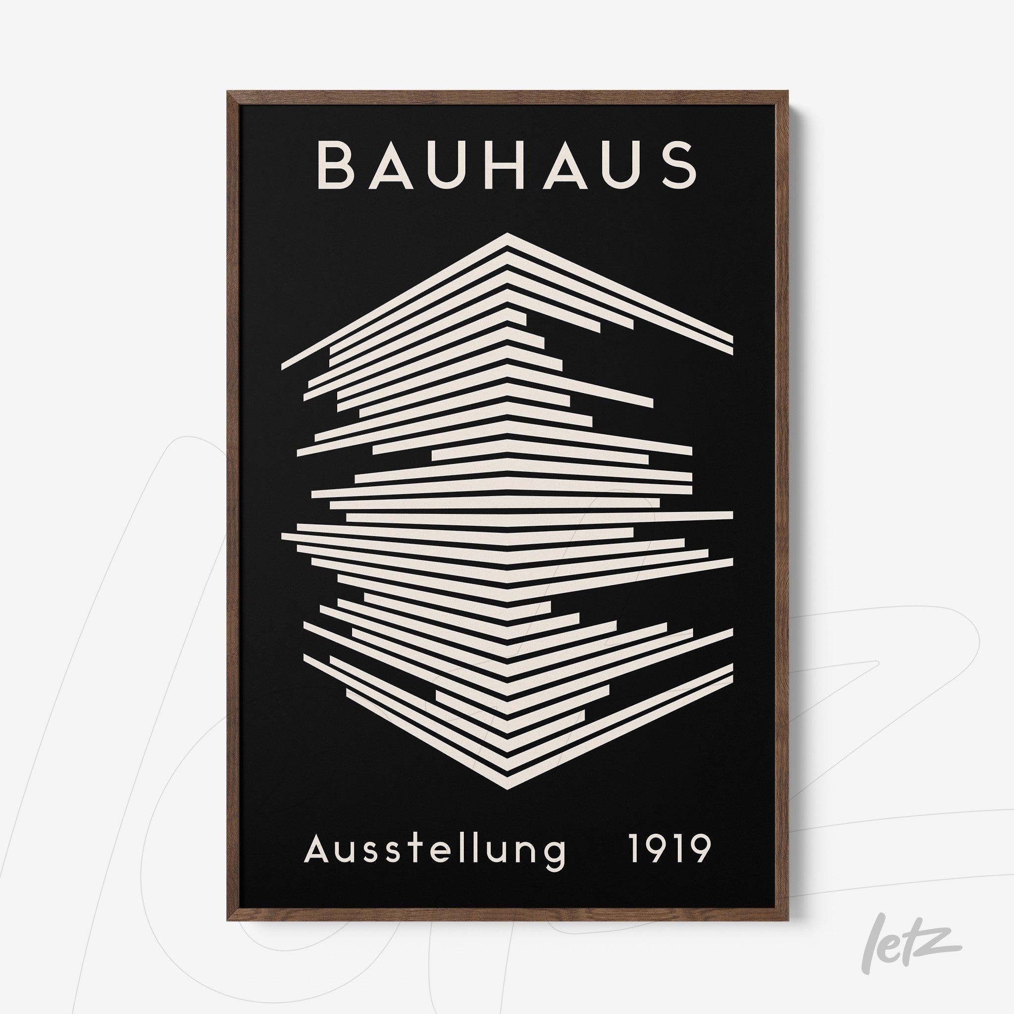 poster print featuring a geometric Bauhaus style design from 1919 with a dark wood frame