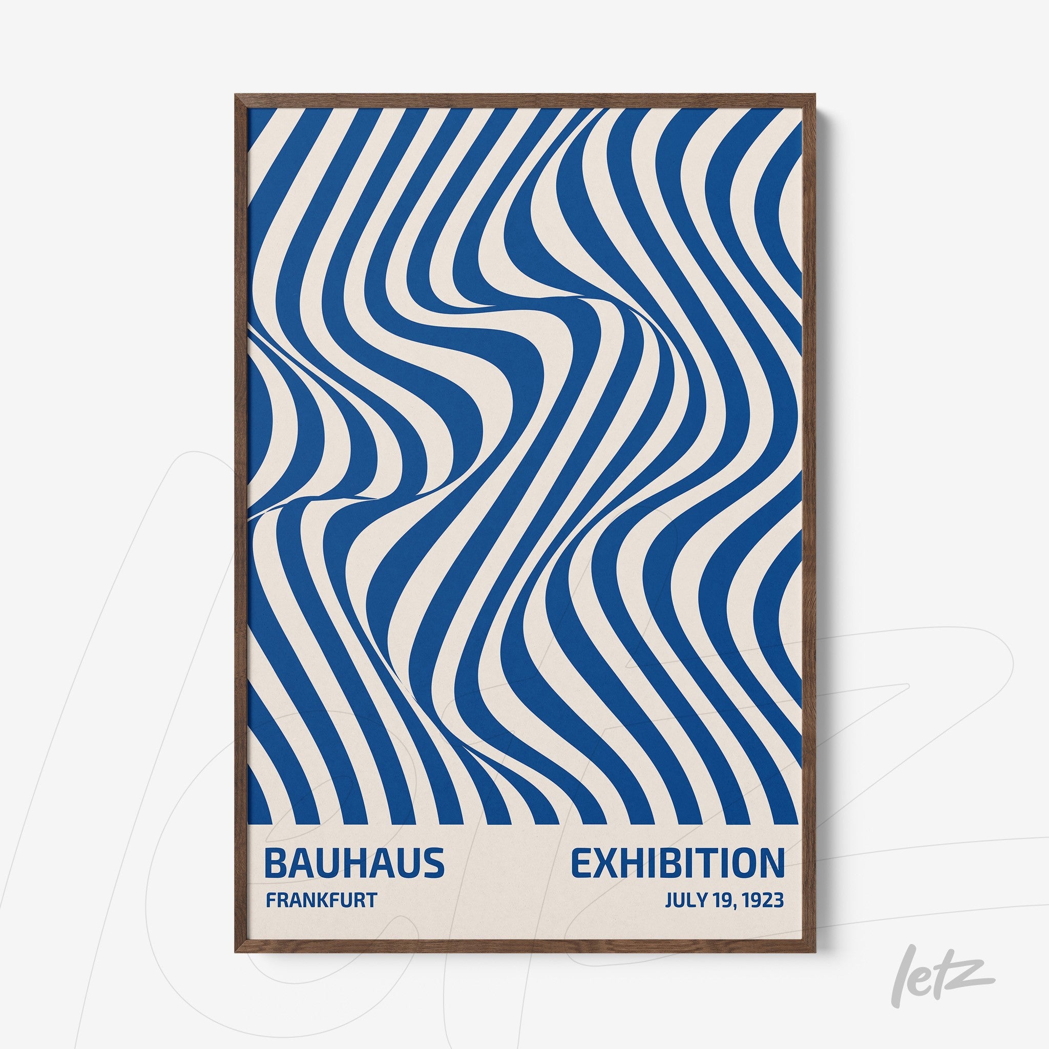abstract art print with wavy blue lines and beige background in a wooden frame