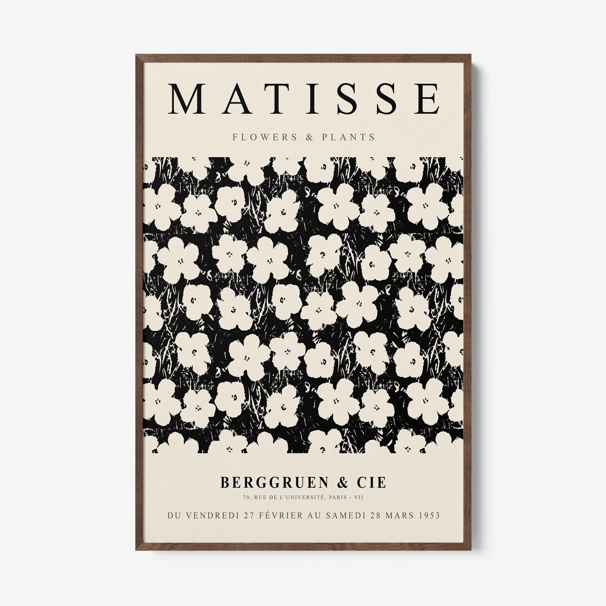 framed artwork inspired by Matisse featuring white flowers on a black background with light wood frame