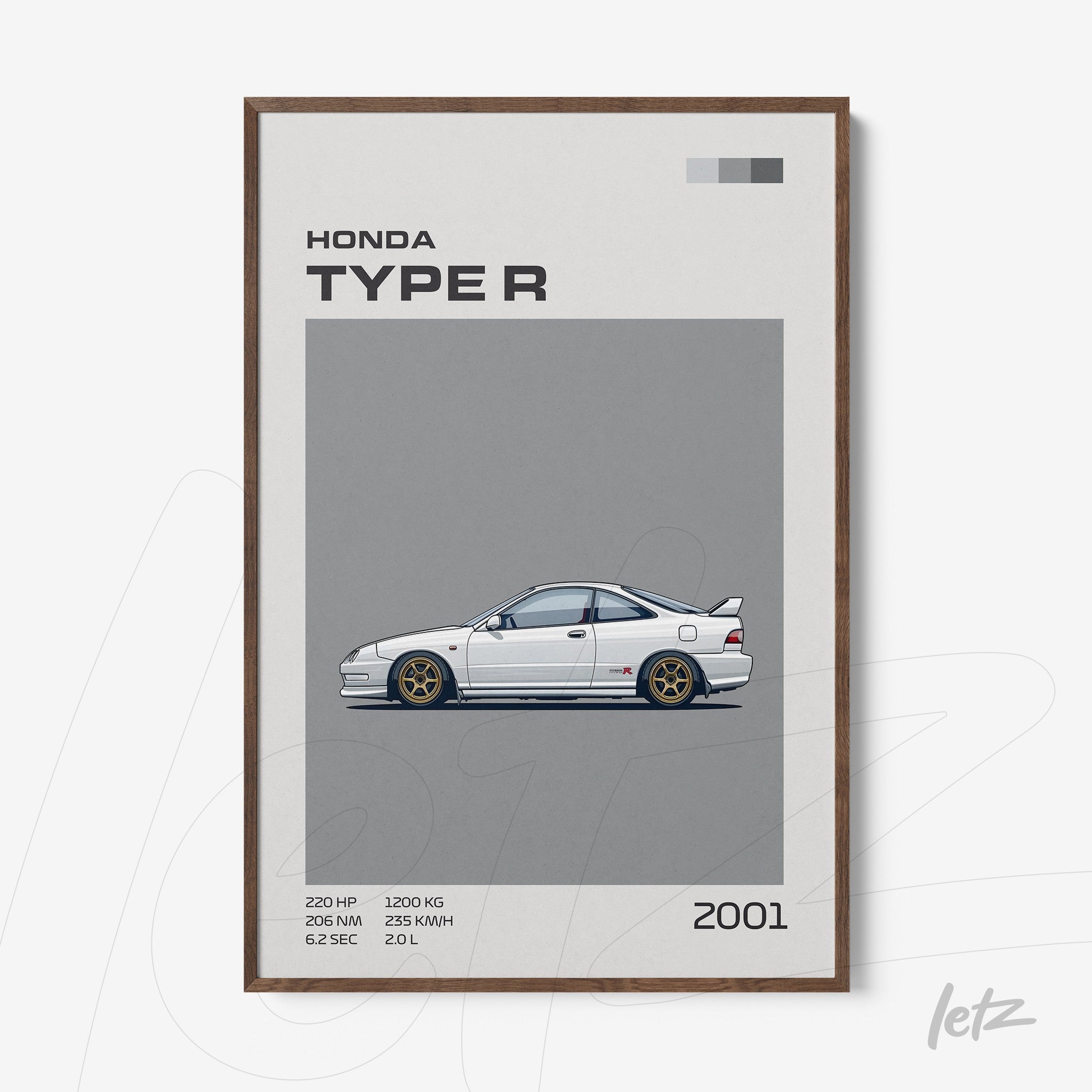 framed artwork featuring minimalist illustration of 2001 Honda Type R with wood frame