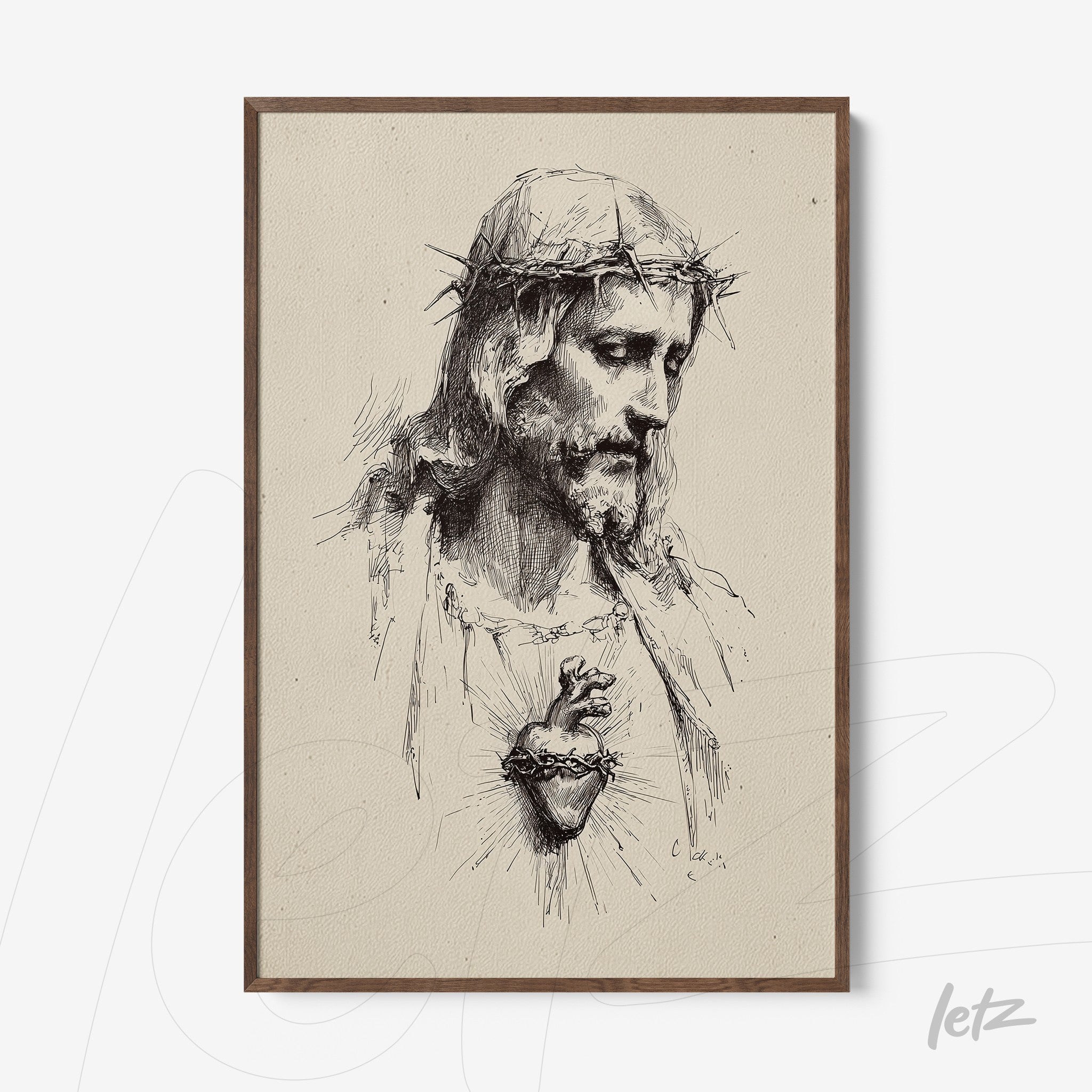 framed classic style art depicting jesus christ with a crown of thorns in dark wooden frame
