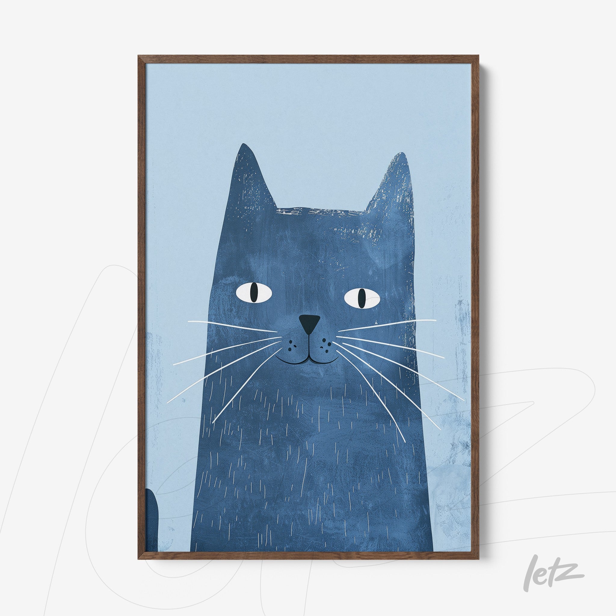 framed artwork featuring a blue cat illustration on a light blue background with a dark wood frame