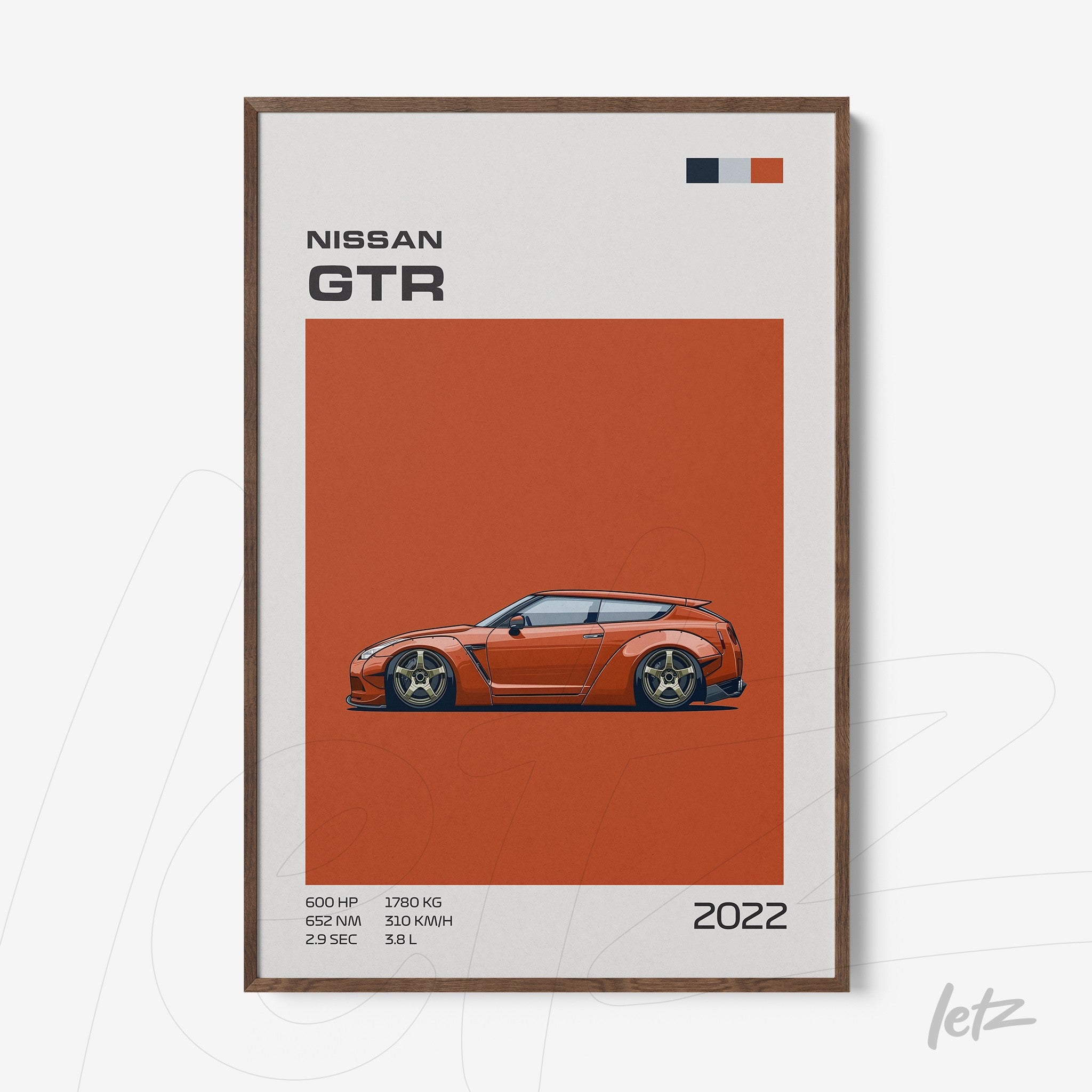 framed wall art featuring digital illustration of a Nissan GTR sports car on orange background