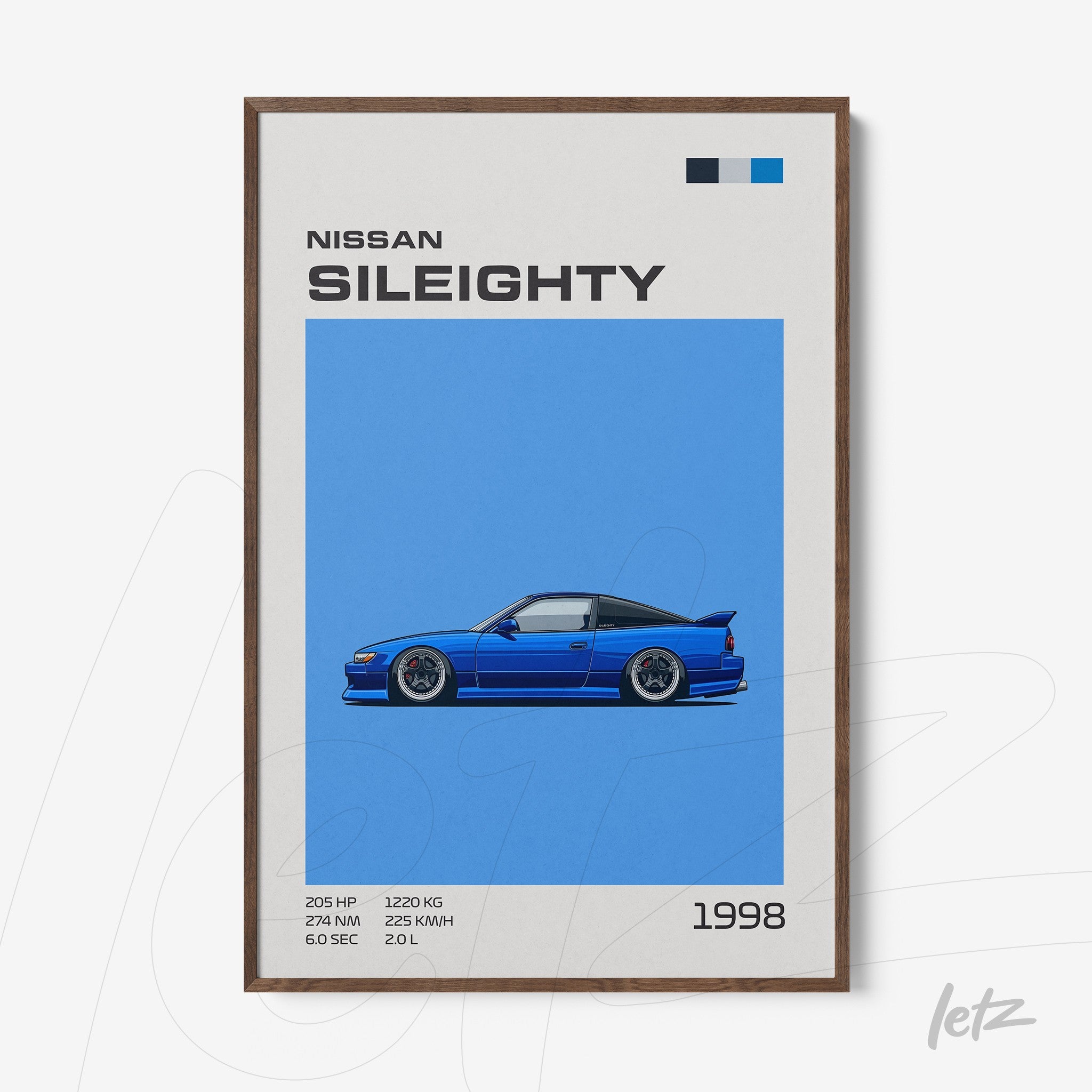 digital artwork of a nissan sileighty car on blue background with dark wooden frame