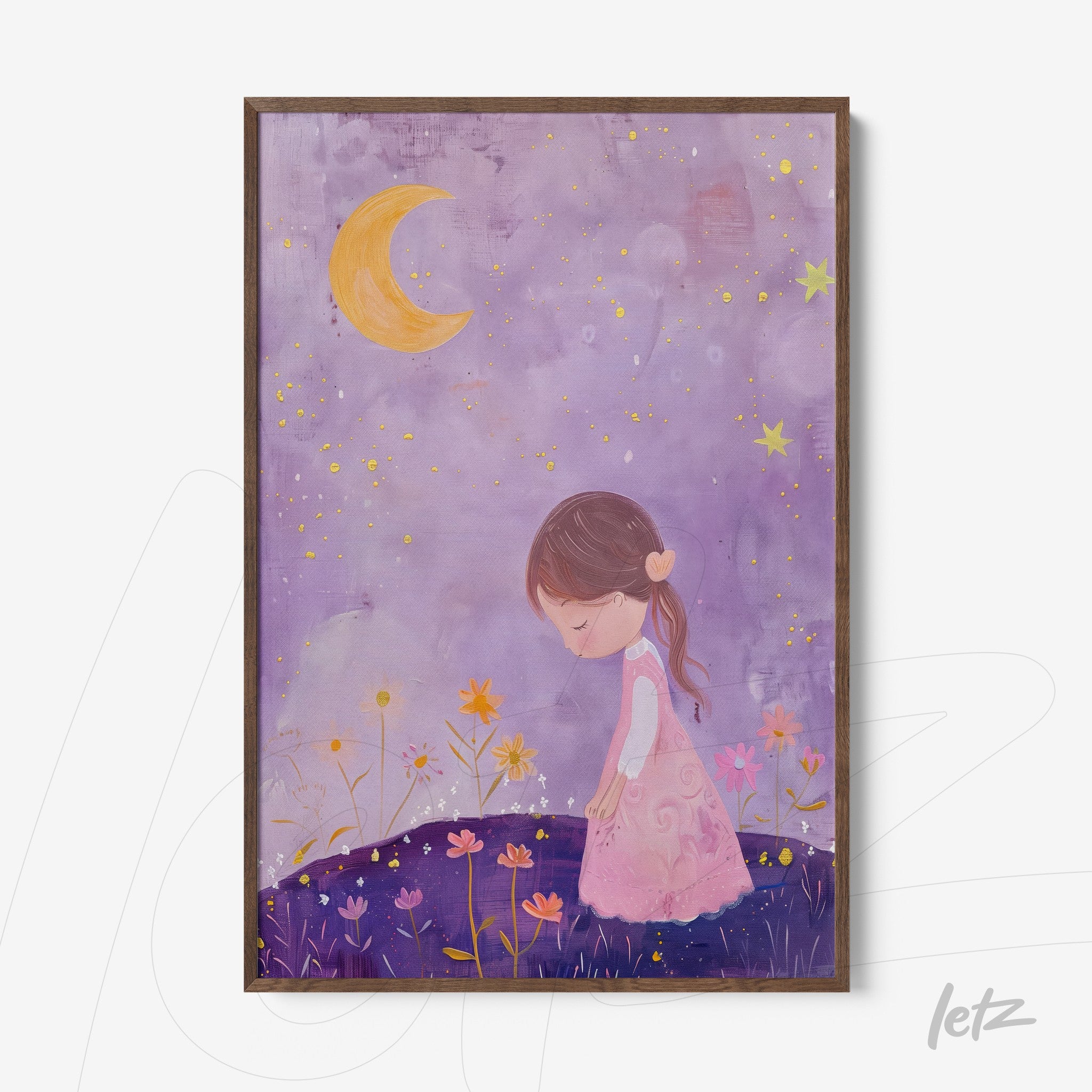 framed artwork featuring a girl in a pink dress standing in a flower field under a purple sky with crescent moon