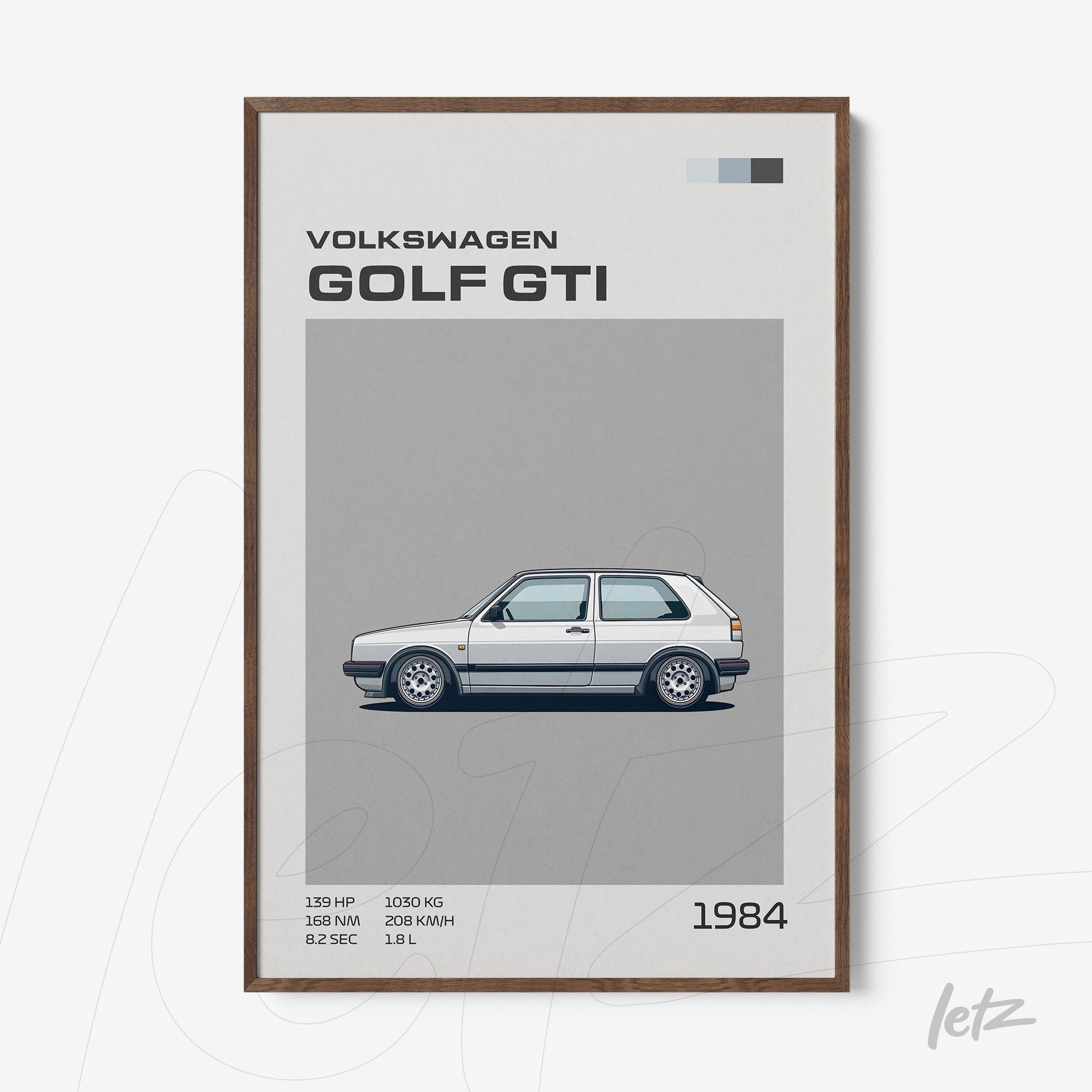 framed wall art featuring an illustration of the 1984 Volkswagen Golf GTI with a dark wood frame