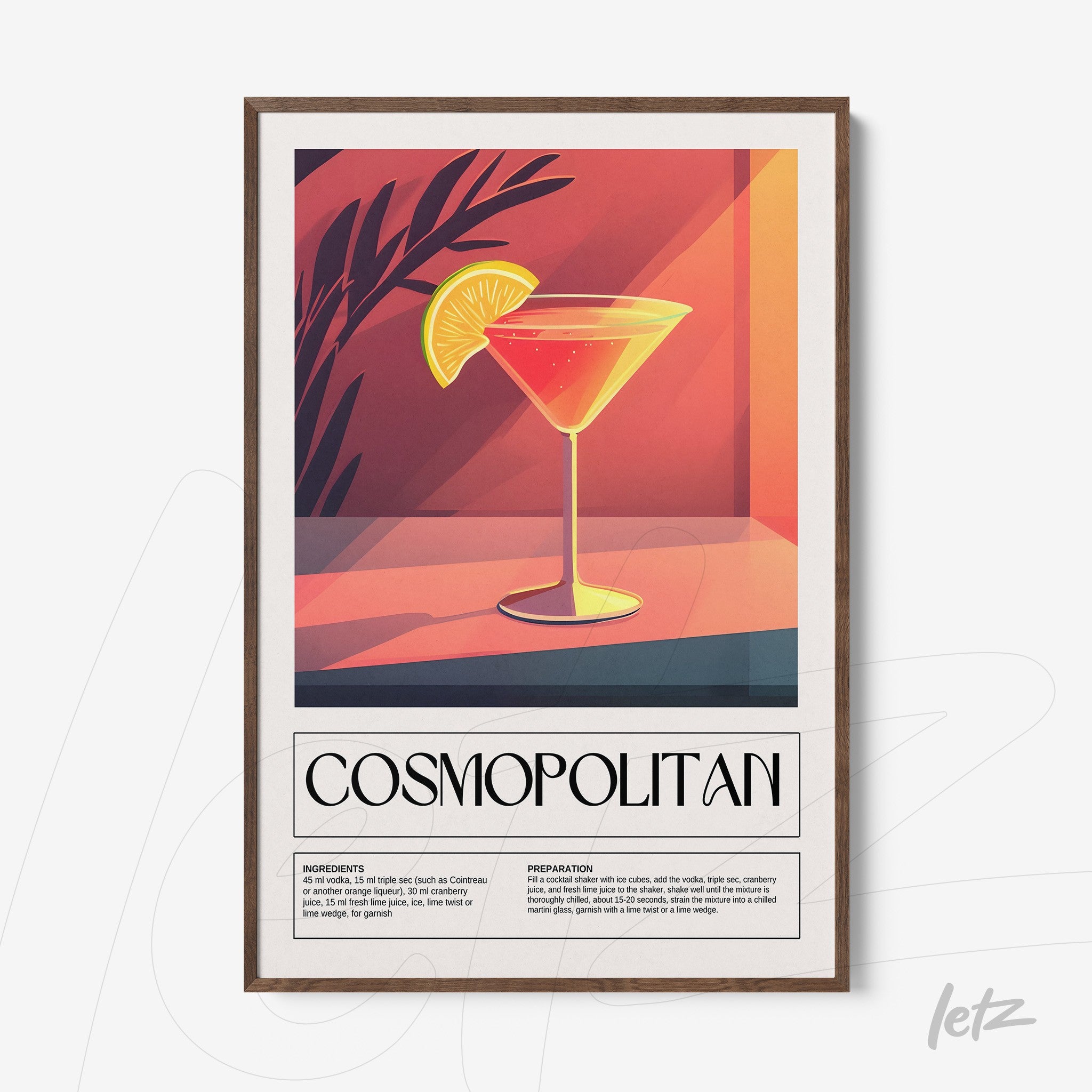 framed artwork featuring stylized cosmopolitan cocktail with dark wooden frame, red background with shadows and a slice of lime