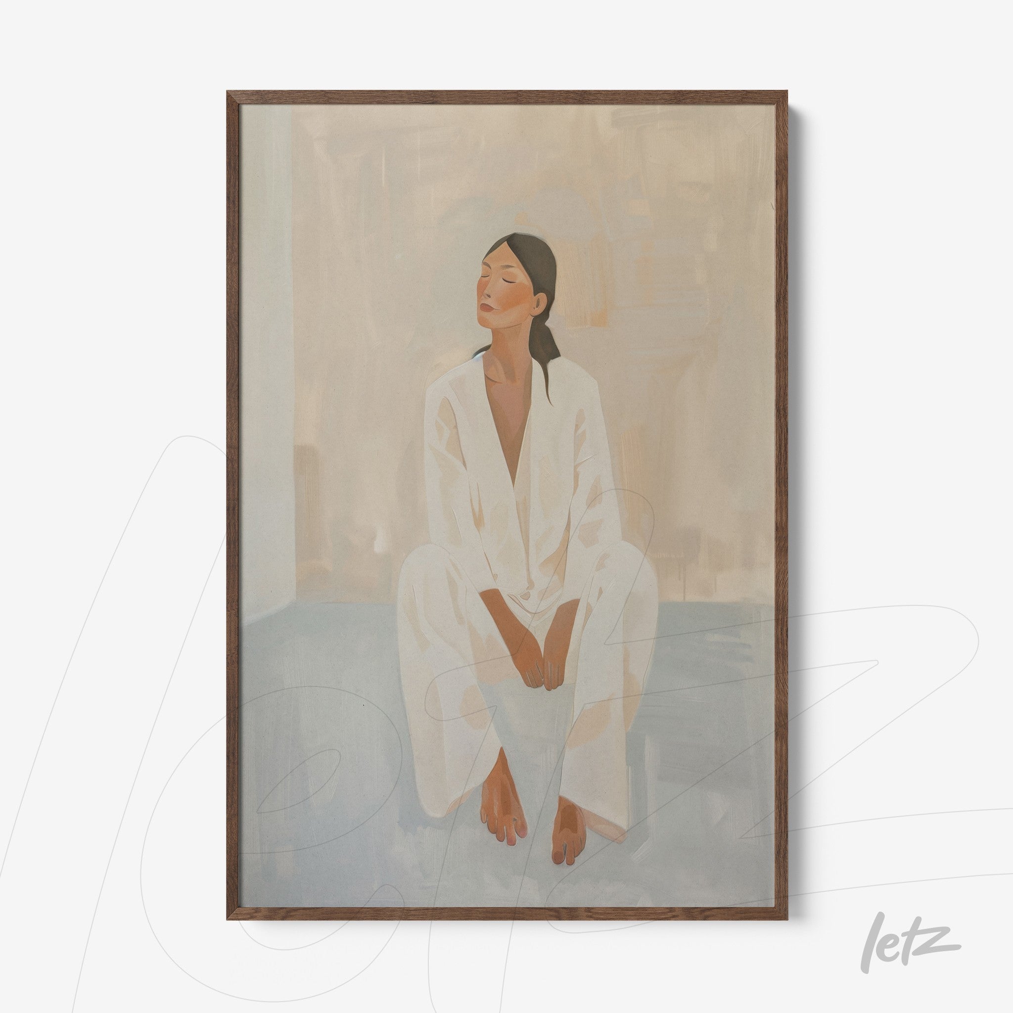 minimalist framed art of a woman sitting in white pajamas with dark wood frame