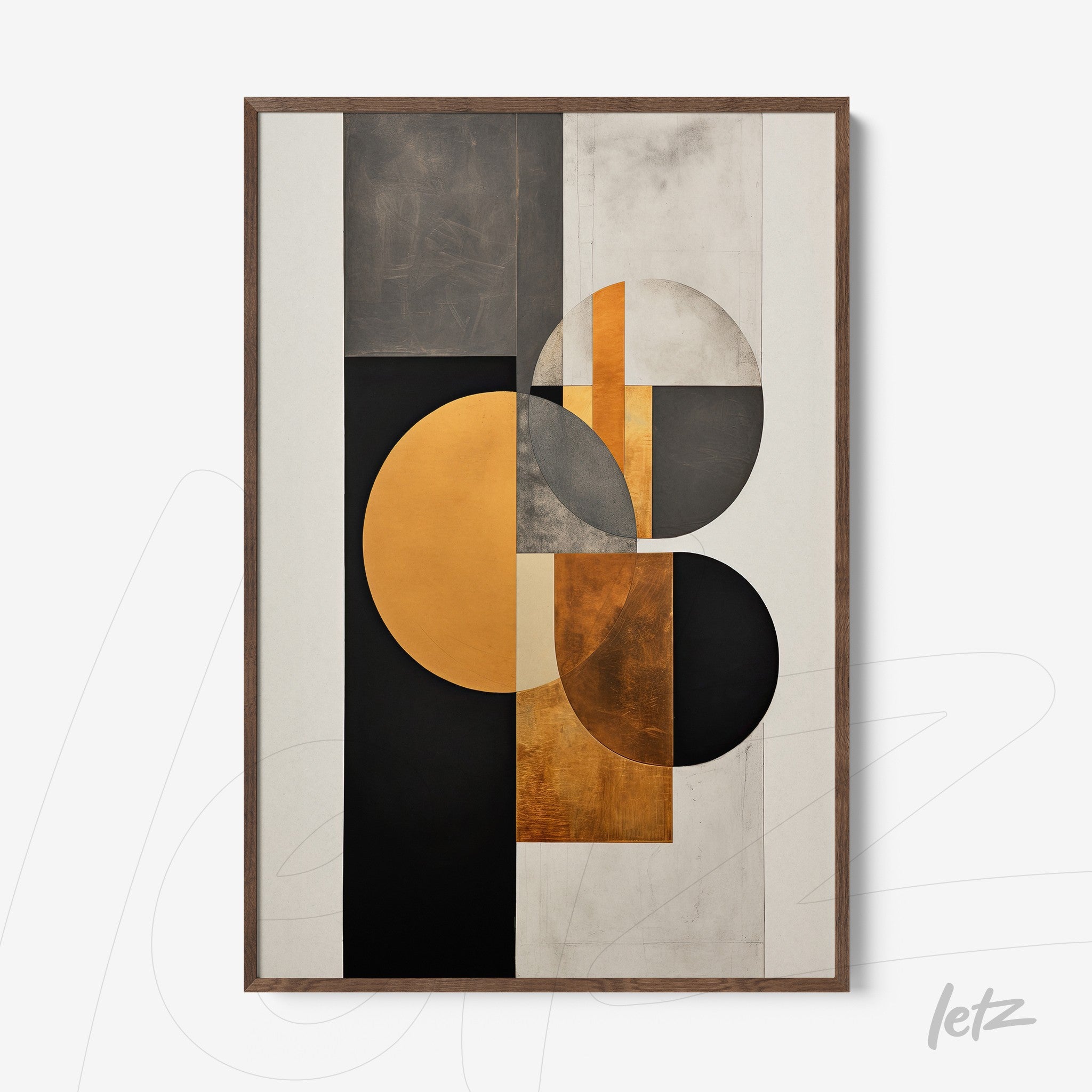framed abstract wall art in black, gray and gold featuring circles and rectangles with dark wood frame