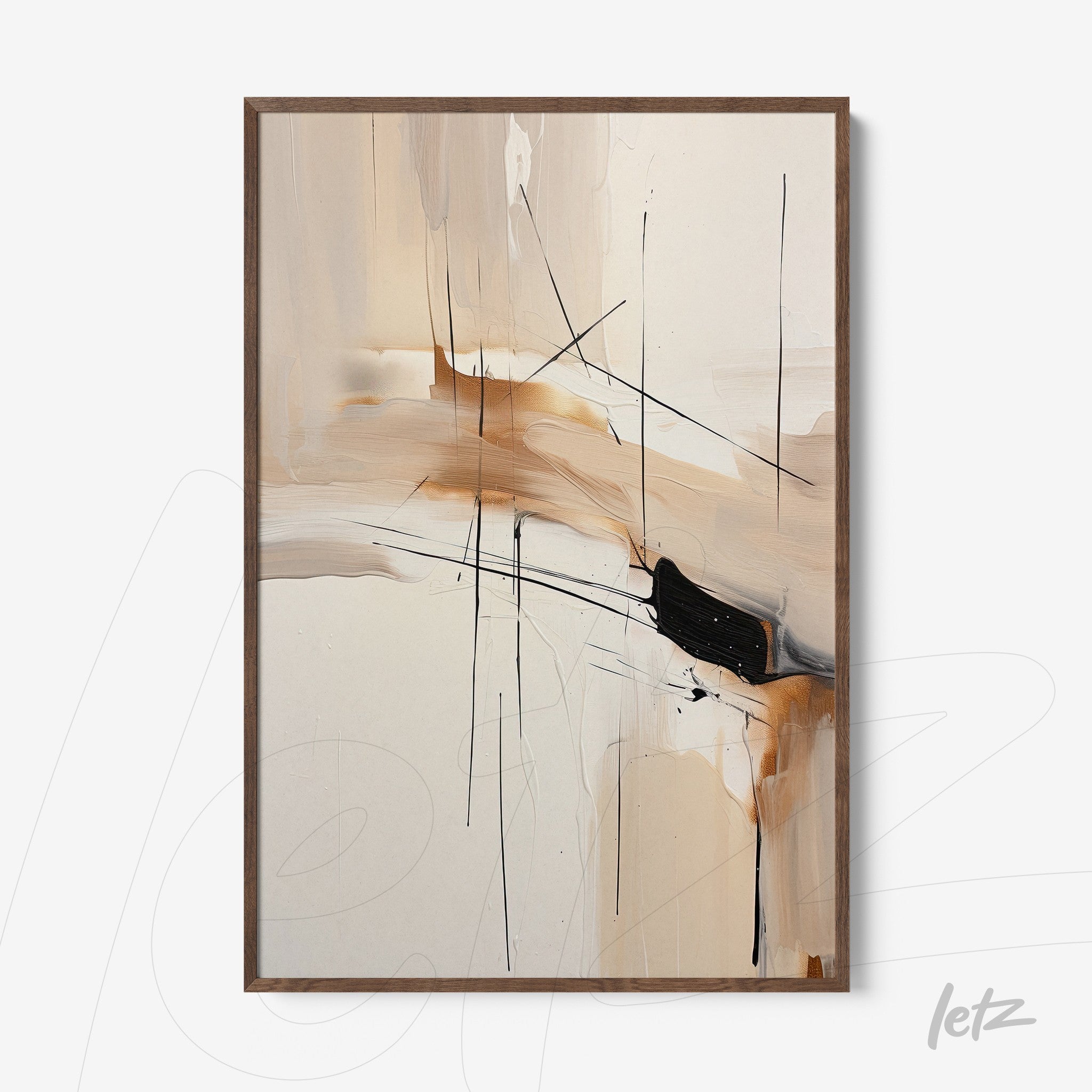 abstract wall art in neutral tones with fine black lines, framed in light wood