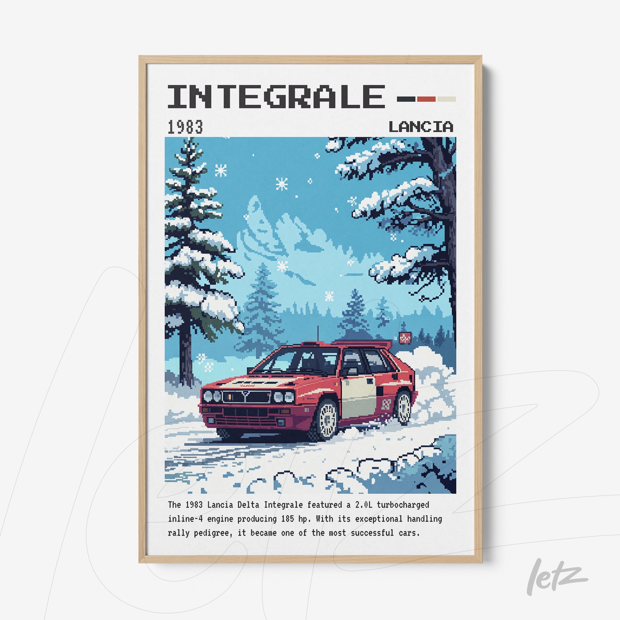 pixel art wall art featuring a 1983 Lancia Delta Integrale in a snowy landscape with trees in the background