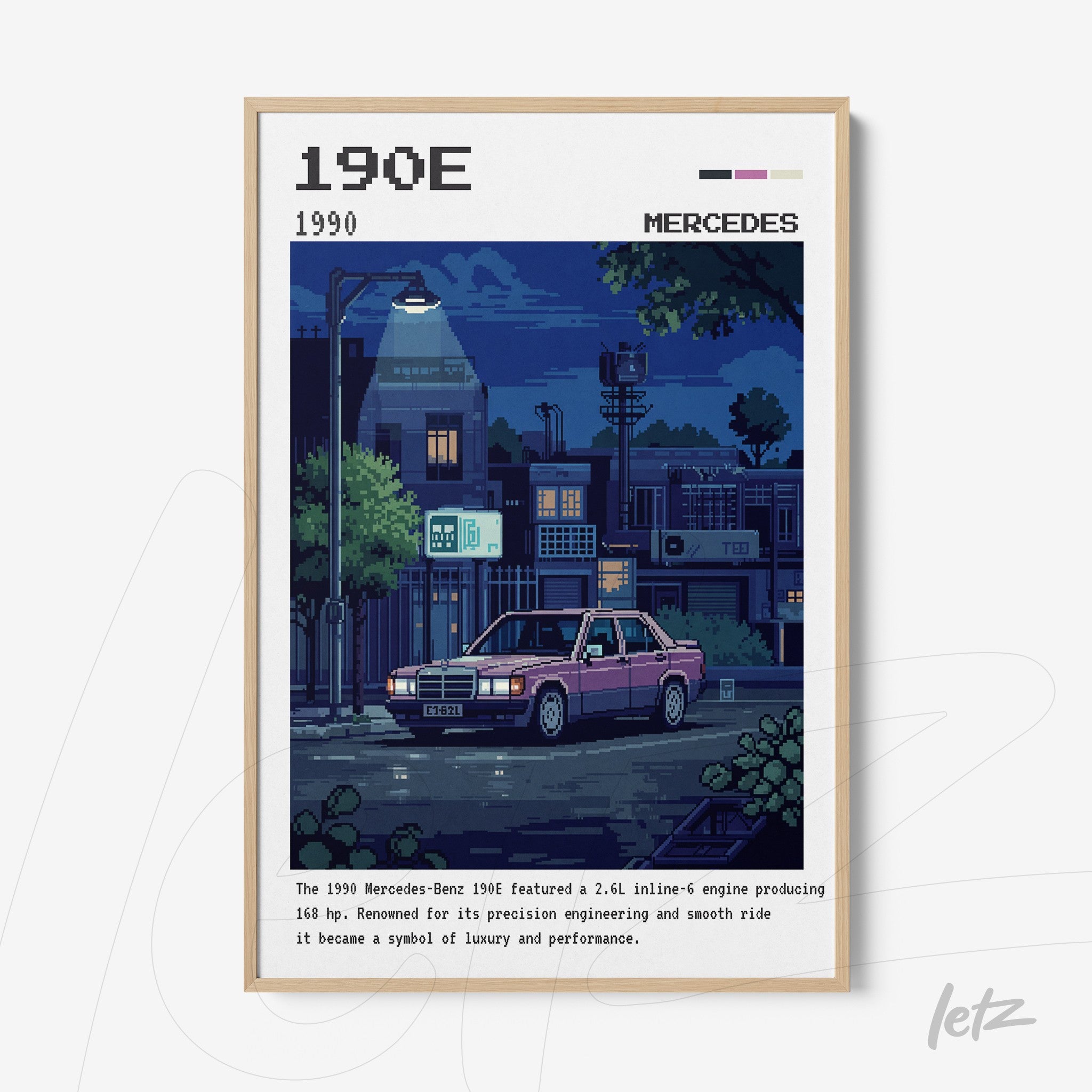 framed retro style digital art of a Mercedes-Benz 190E in a nighttime urban scene