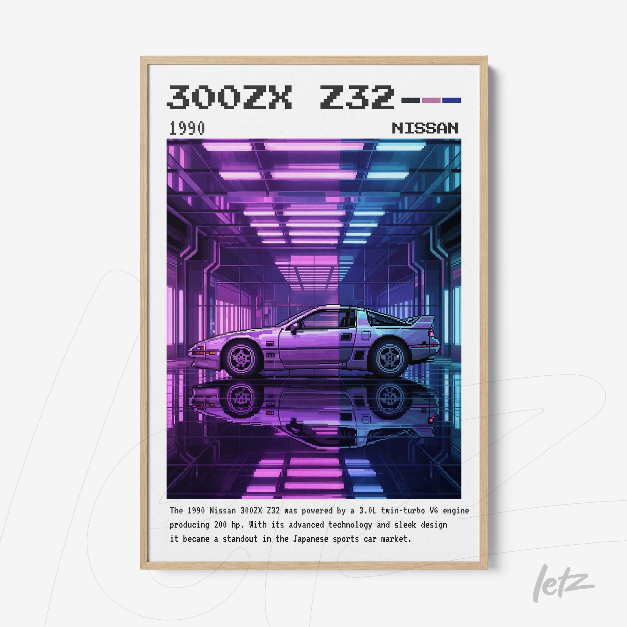 framed digital artwork of Nissan 300ZX Z32 in light wood frame with vibrant purple and blue background