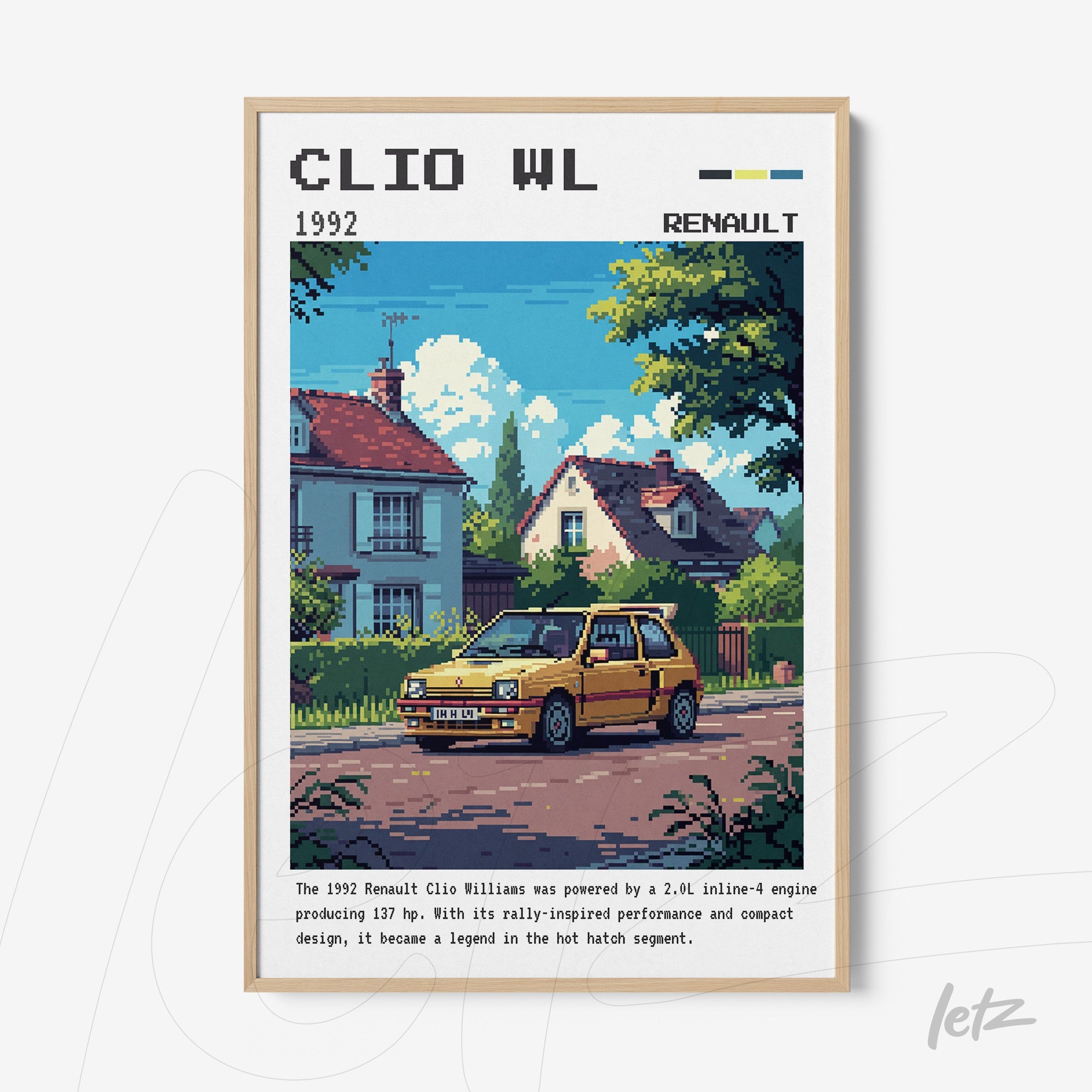 pixel art print of a yellow Renault Clio Williams parked on a residential street