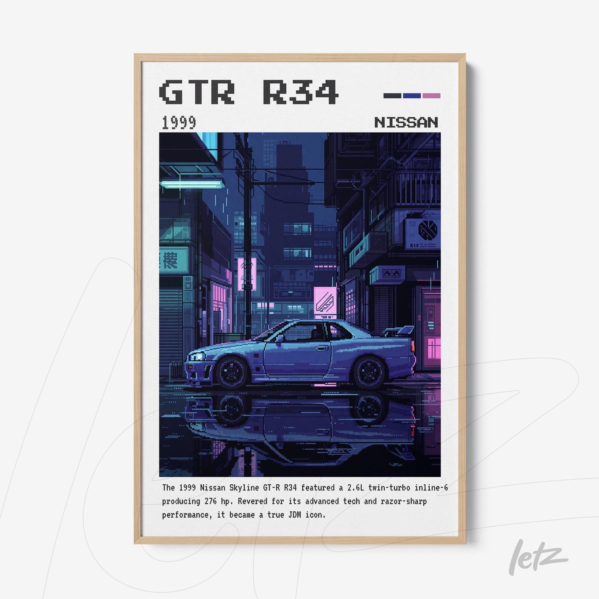 framed digital art of the Nissan GTR R34 in pixel art style with light wood frame